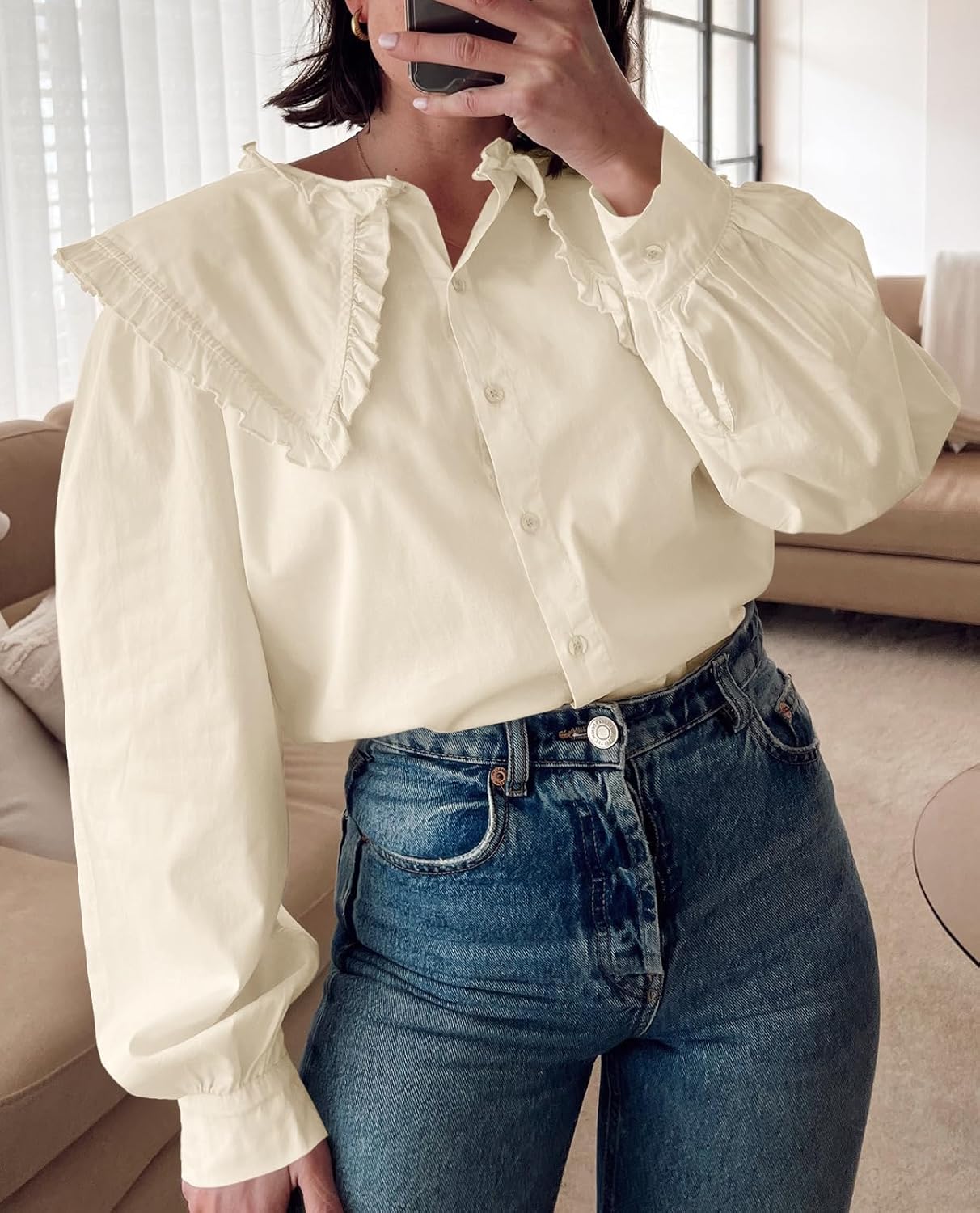 Tankaneo Womens Button Down Shirts Cotton Puff Sleeve Babydoll Blouse Fall Casual Doll Collar Tops - Image 2