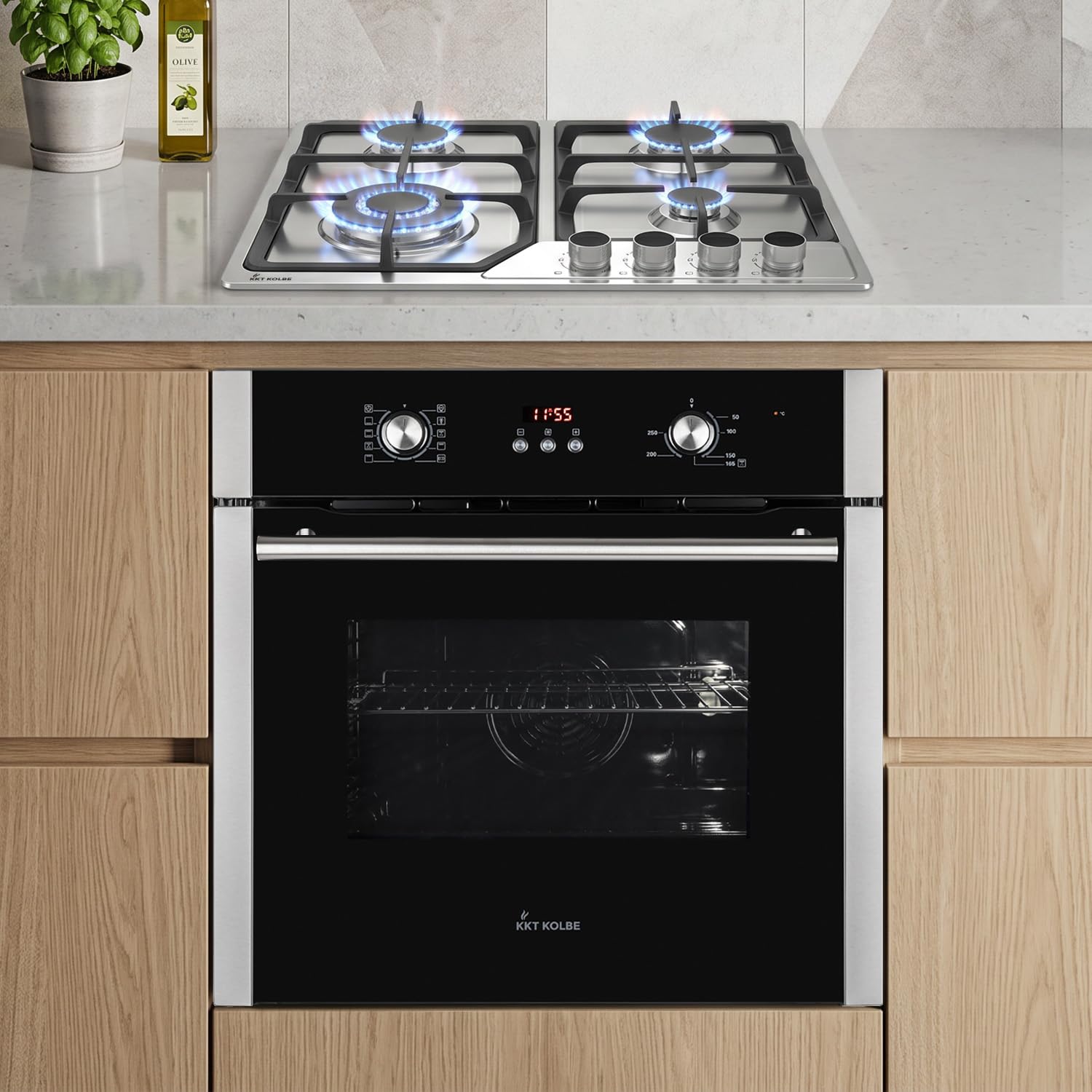 KKT KOLBE Set horno 60cm BO8805SS y placa gas 58 cm inox G604ED | 4 fuegos wok | grill y aire caliente | timer automático | doble cristal, bloqueo niños | SET8805G604ED