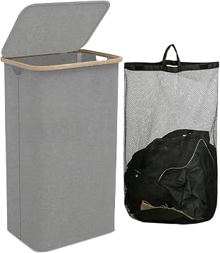 100L Laundry Basket with Lid, removable inner washing bag. Washing Baskets for Laundry with Inner Bag and Handles - Slim Laundry Bin with Bamboo Handles Suitable for Bedroom and Bathroom Grey