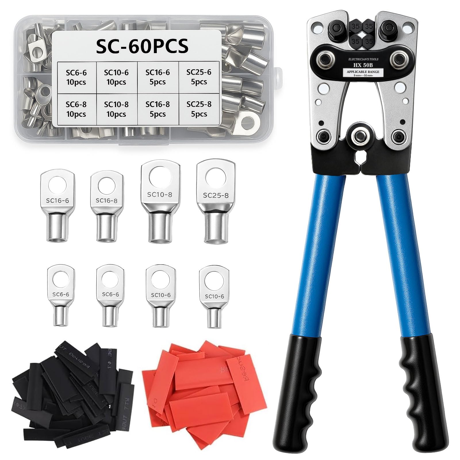 Kit de Alicates Crimpadora 10-1/0 AWG (6-50mm²) con Terminales de Cobre y Fundas Termorretráctiles
