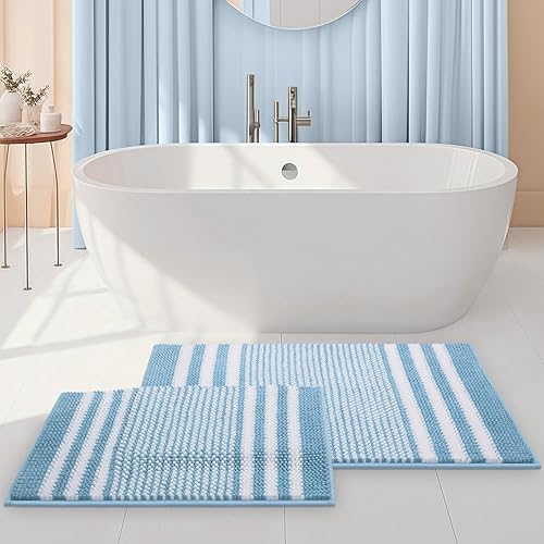 Tindbea Juego de 2 alfombras de baño de felpilla extrasuaves y absorbentes, esponjosas, a rayas, antideslizantes, lavables a máquina (20 x 32