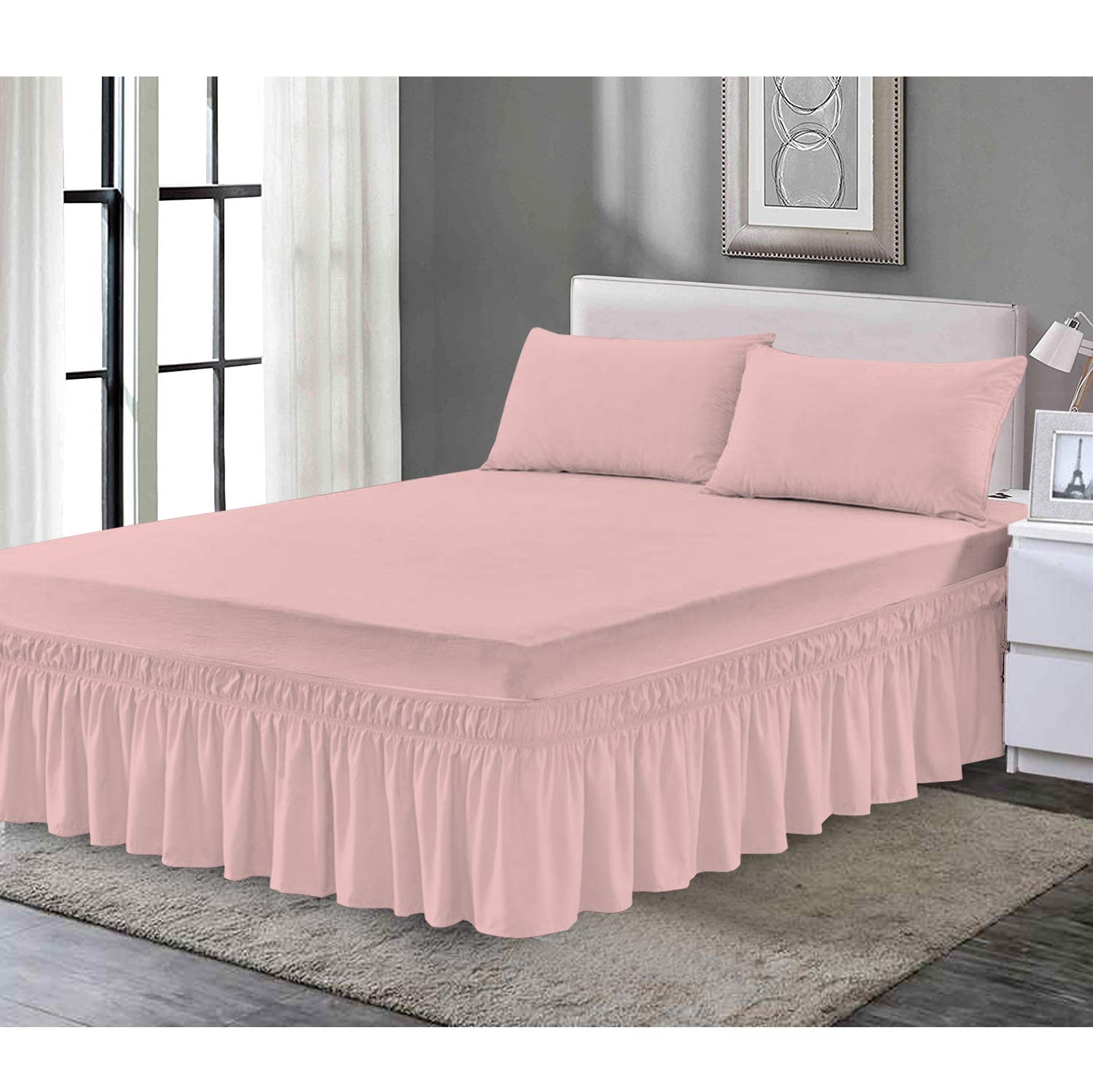 Extra Deep Frilled Valance Sheet King Size Bed, Plain Dyed Polycotton Non Iron Soft Thick Valence Sheets King-size Baby Pink 150 X 198 + 25 cm + Frill 40 cm