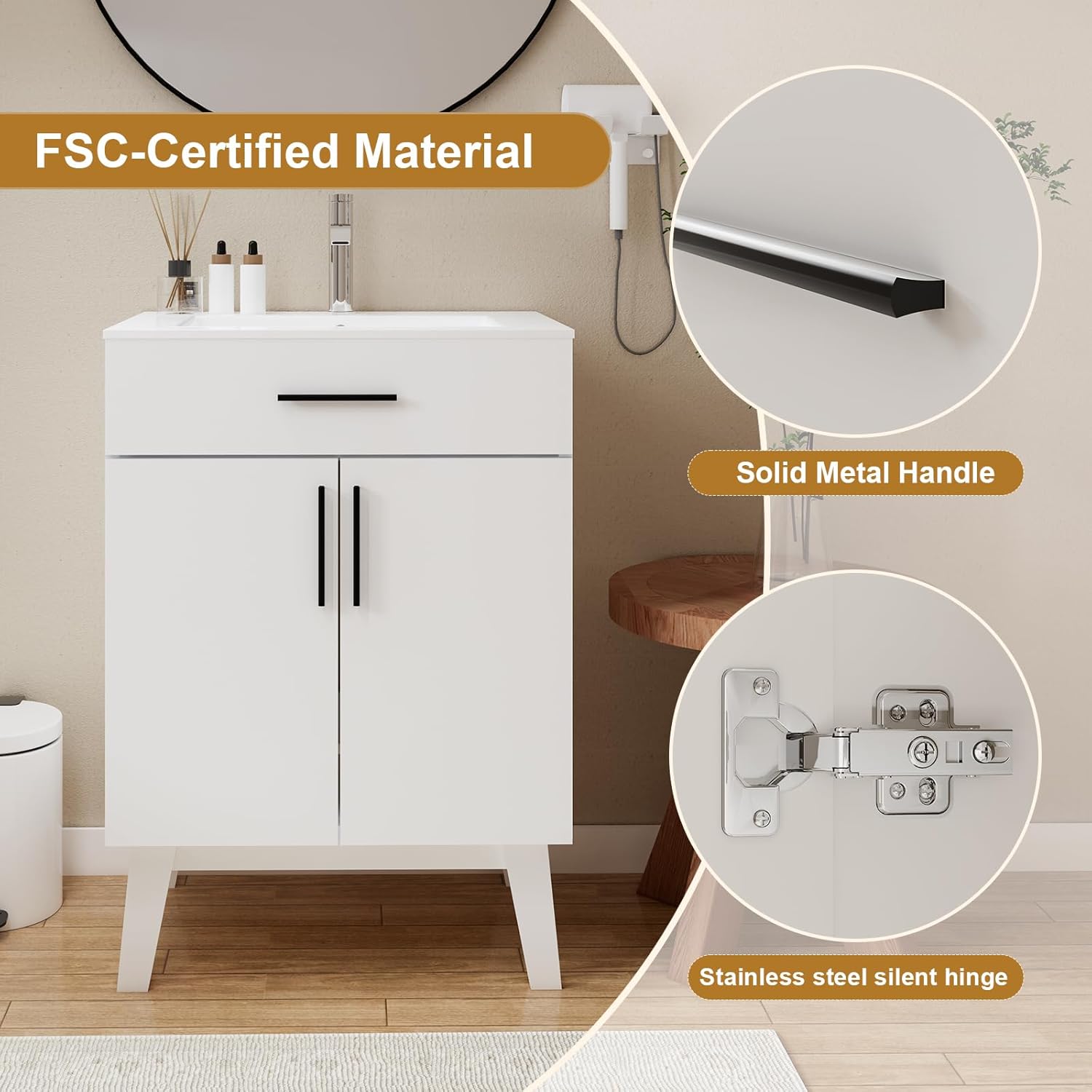 24" Bathroom Vanity with Sink, Vanity Combo with Two Soft Close Cabinet Doors, Modern Single Bathroom Cabinet Set with Metal Handles (White with Sink, 24)