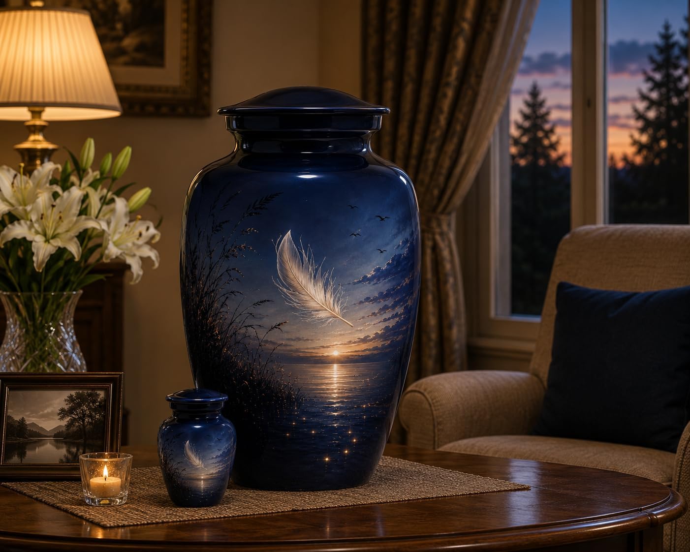 Cremation Urn Set with Feather Sunset Design, Adult Urn 10" x 6" and Keepsake Urn 3", Navy Blue