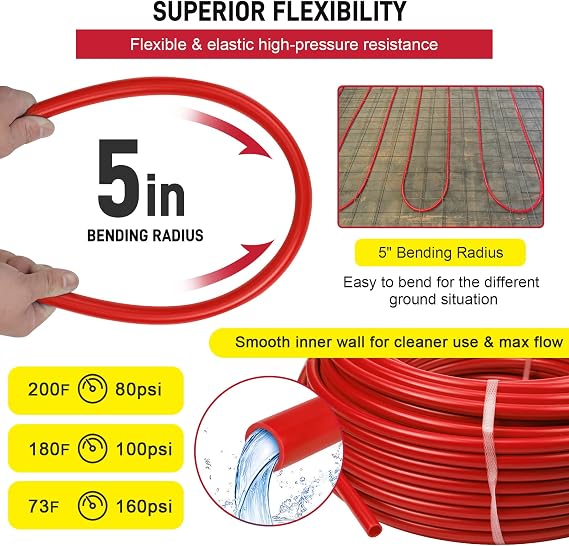 PEX Pipe 1/2 Inch 300ft 1 Rolls PEX Tubing EVOH PEX-B Pipe Oxygen Barrier Durable Leakage-Proof Flexible for Residential Water Lines in Homes PEX Radiant Heat Tubing(Red)