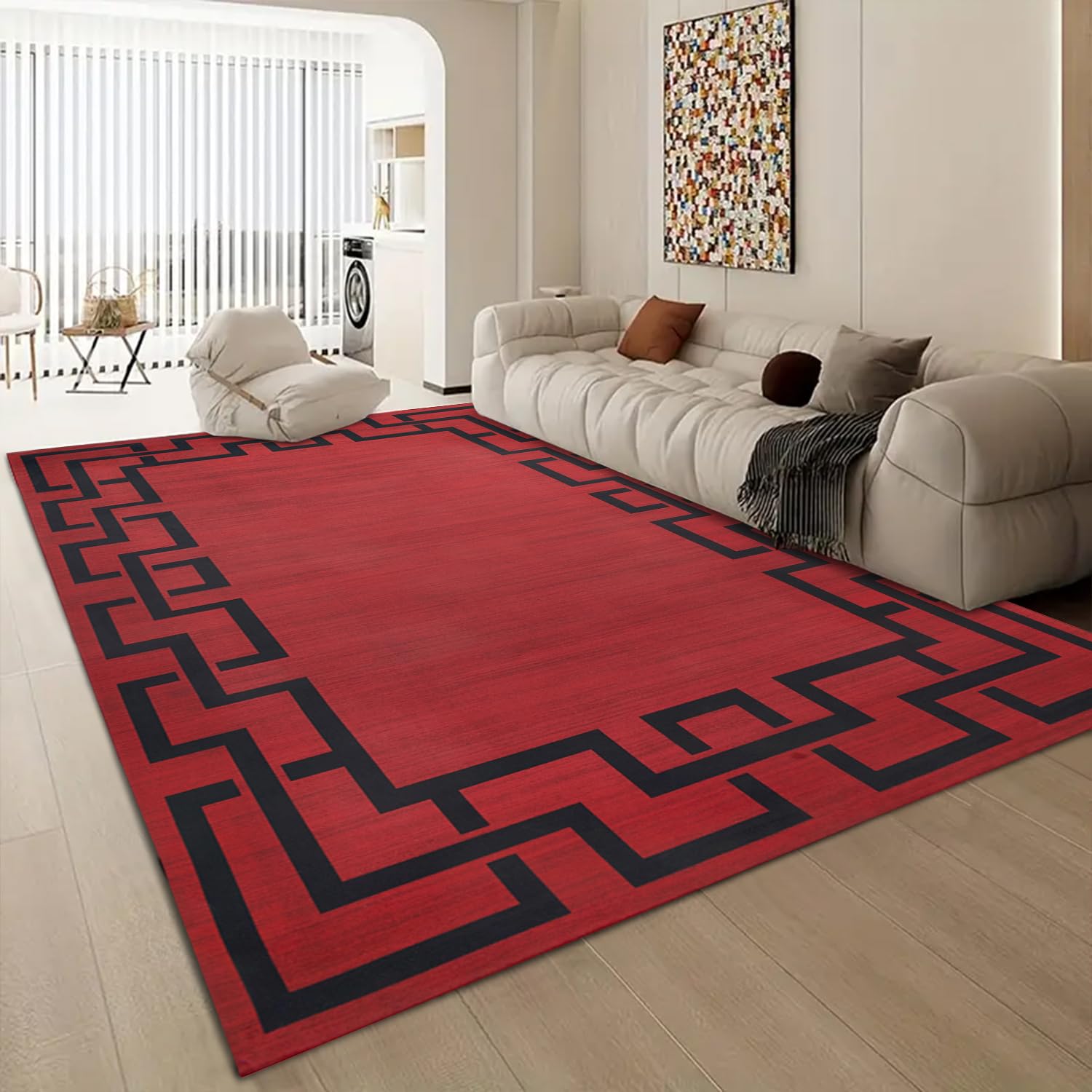 Aspire Homeware Rugs Living room Large 160x230 - Non-Slip Greek Key Style Printed Crawling & Playing Anti-Slip Backing Short Pile Red Rug for Bedroom Lounge, Office, Nursery Room (Lexi)