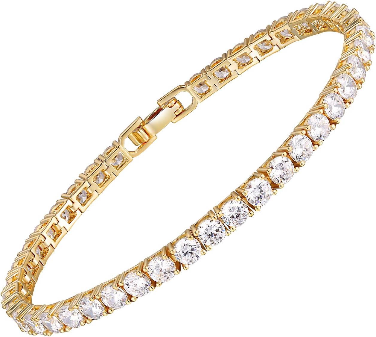 Tennis Bracelet for Women|4MM Simulate Diamond Bracelets|4-Prong-Setting CZ|18k White/Yellow Gold Plated Bracelet with Buckle Clasp|Size 6-8.5 Inches