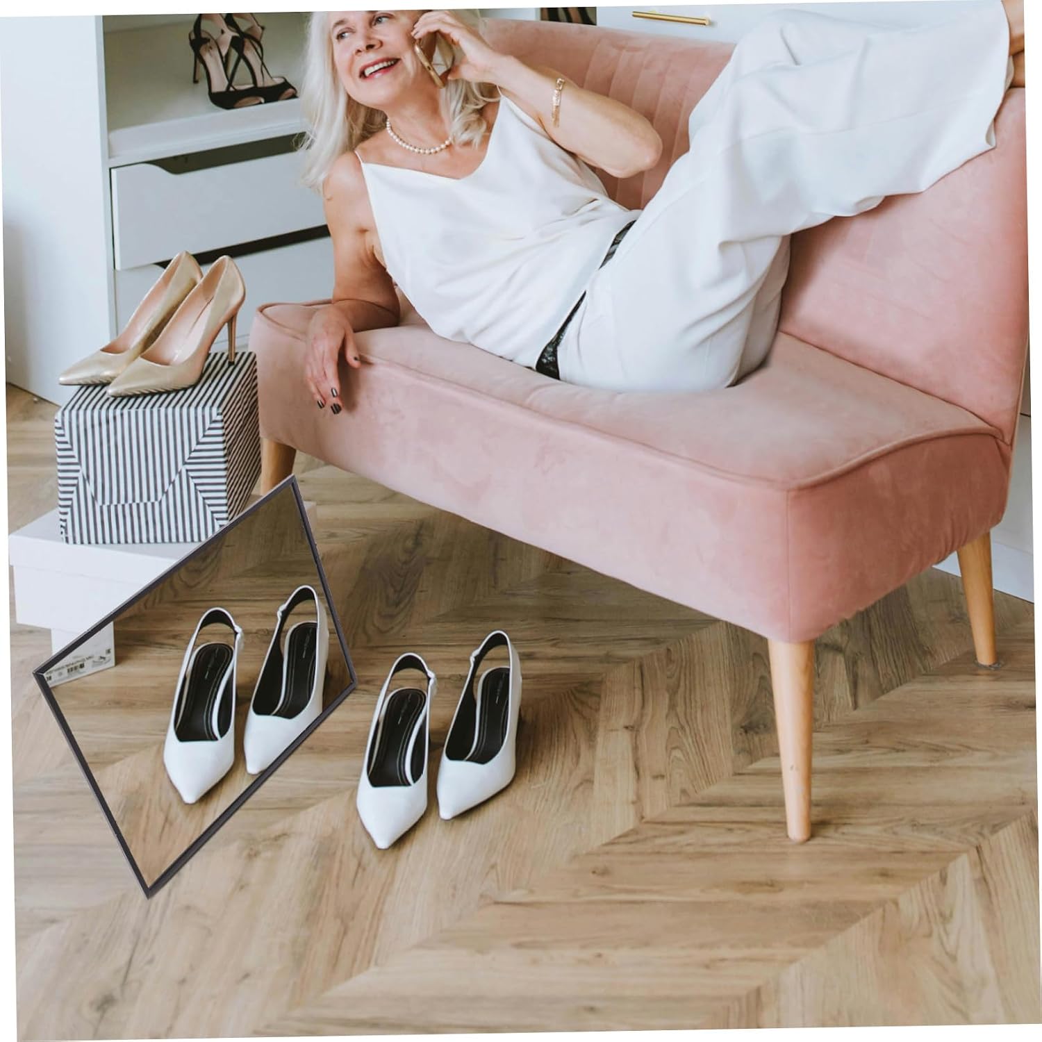 Floor Mirror for Trying on Shoes Small Aluminum Frame Mirror with European Style Wooden Stand Multi-Functional Shoe Store for Entryway and Dressing Room Use