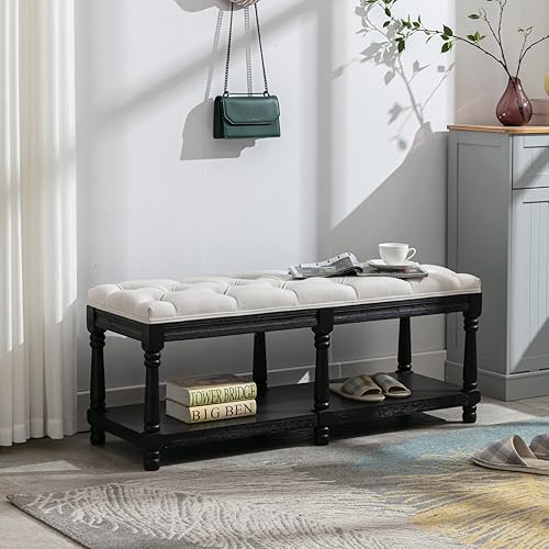 Miniatura 6 de Banco de almacenamiento de madera para entrada, banco otomano tapizado de lino con botones con patas negras para dormitorio, extremo de la cama, 45