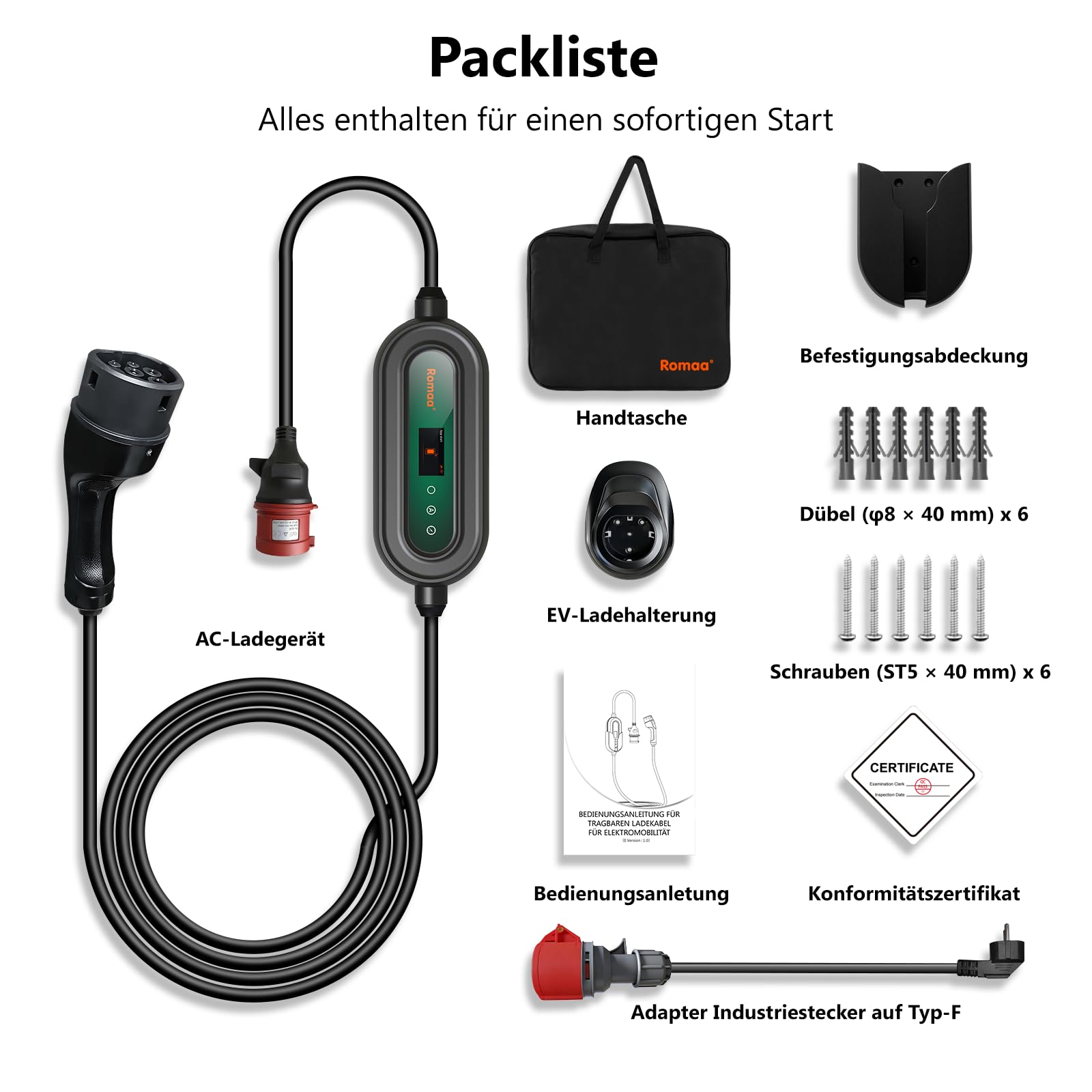 Mobile Wallbox 11kW mit App, [3-Phasig, 7m, 8-16A] Einstellbarer Ladegerät mit FI Schutzschalter, CEE 16A auf Typ 2 Ladekabel, 1,9" LCD EV Charger mit Schuko Adapter, IP66 Wandmontage Ladestation