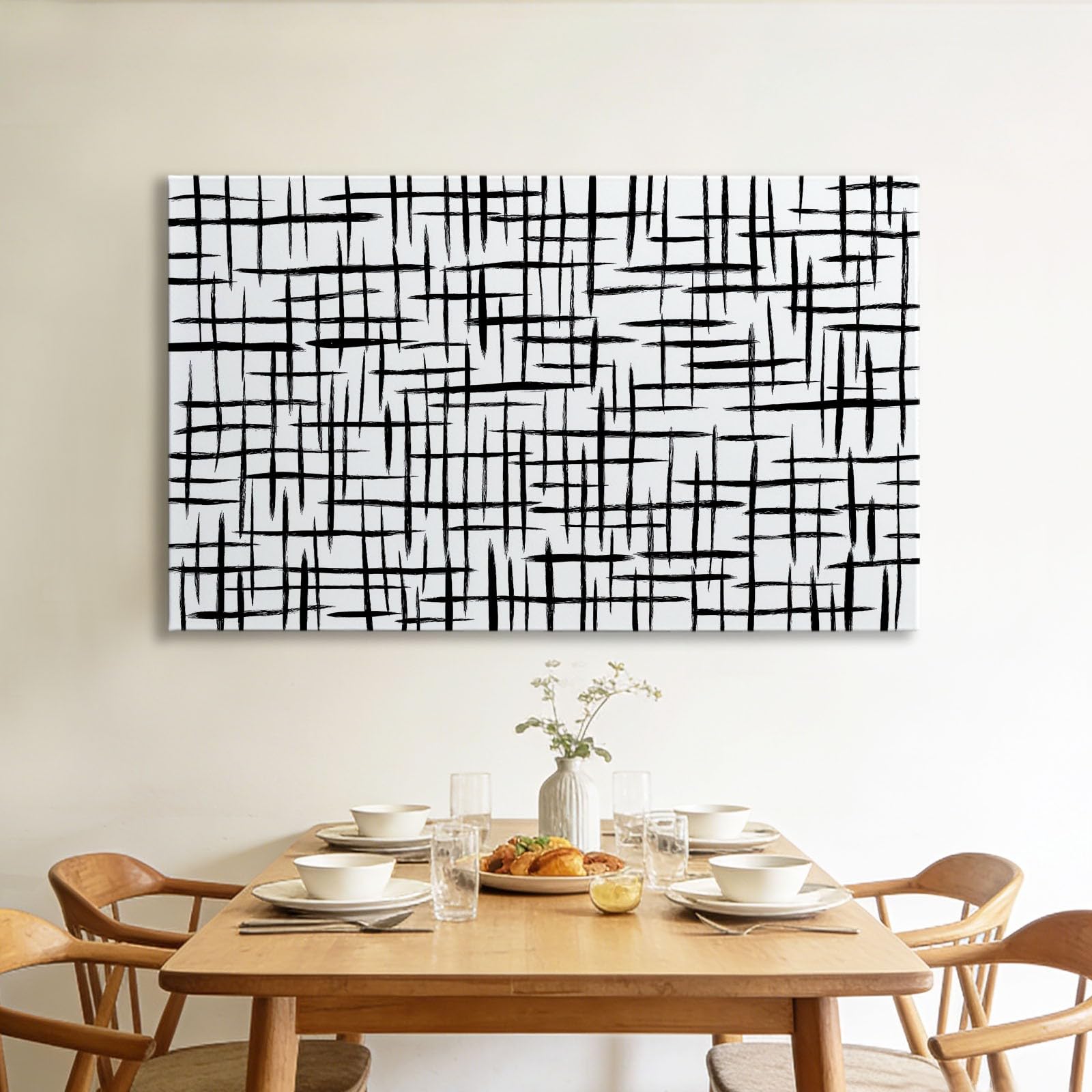 Genérico Cuadros Decoracion Salon Líneas De Cuadrícula En Blanco Y Negro 90x60cm Lienzo Decorativo con Marco Madera, Laminas Cuadro para Pared, Decoracion Dormitorio Baño Comedor Oficina Hogar