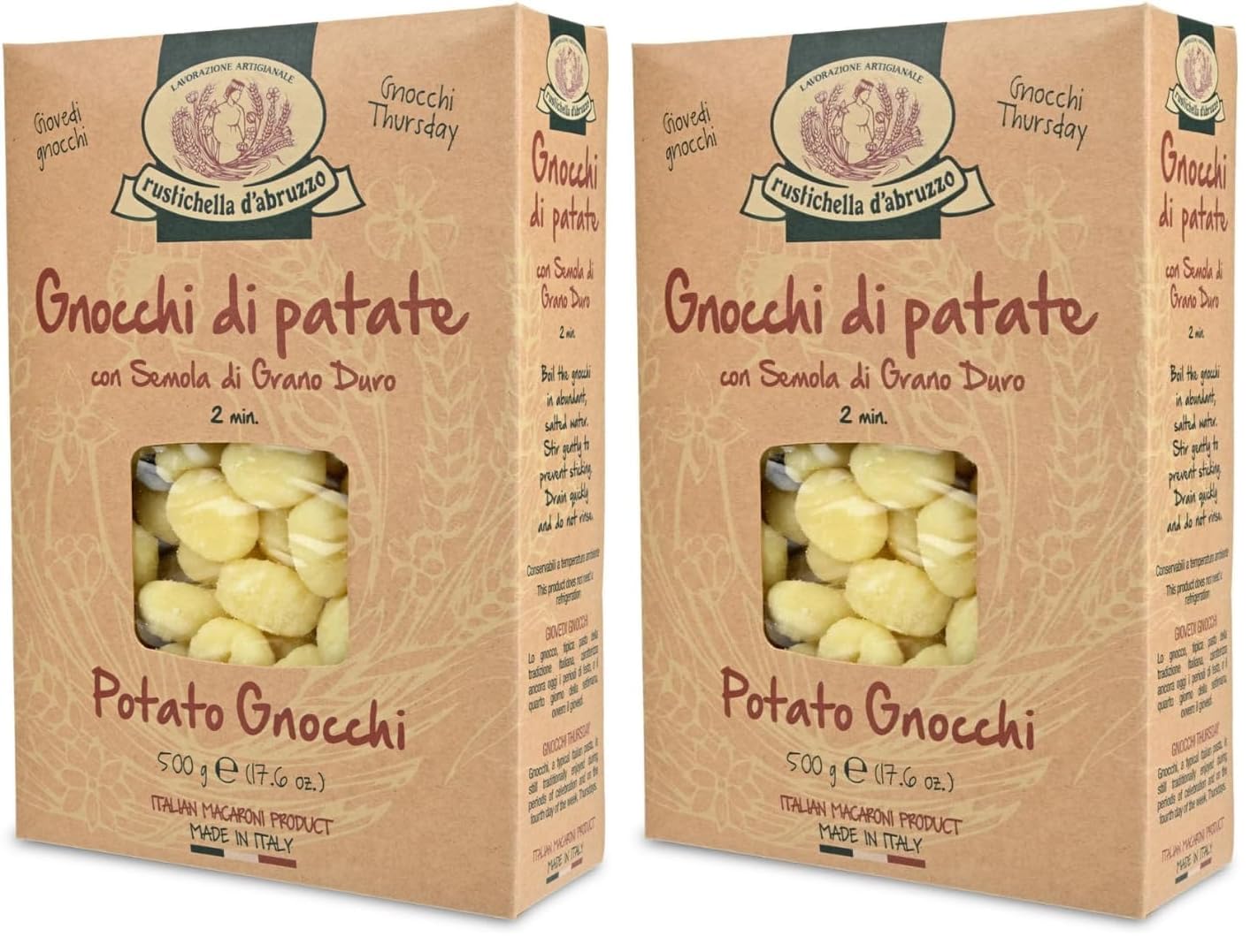 Rustichella d'Abruzzo Potato Gnocchi - 500g Traditional Italian Dumplings - Soft, Pillowy Texture - Cooks in Just 2 Minutes - Perfect for Hearty Sauces (Pack of 2)