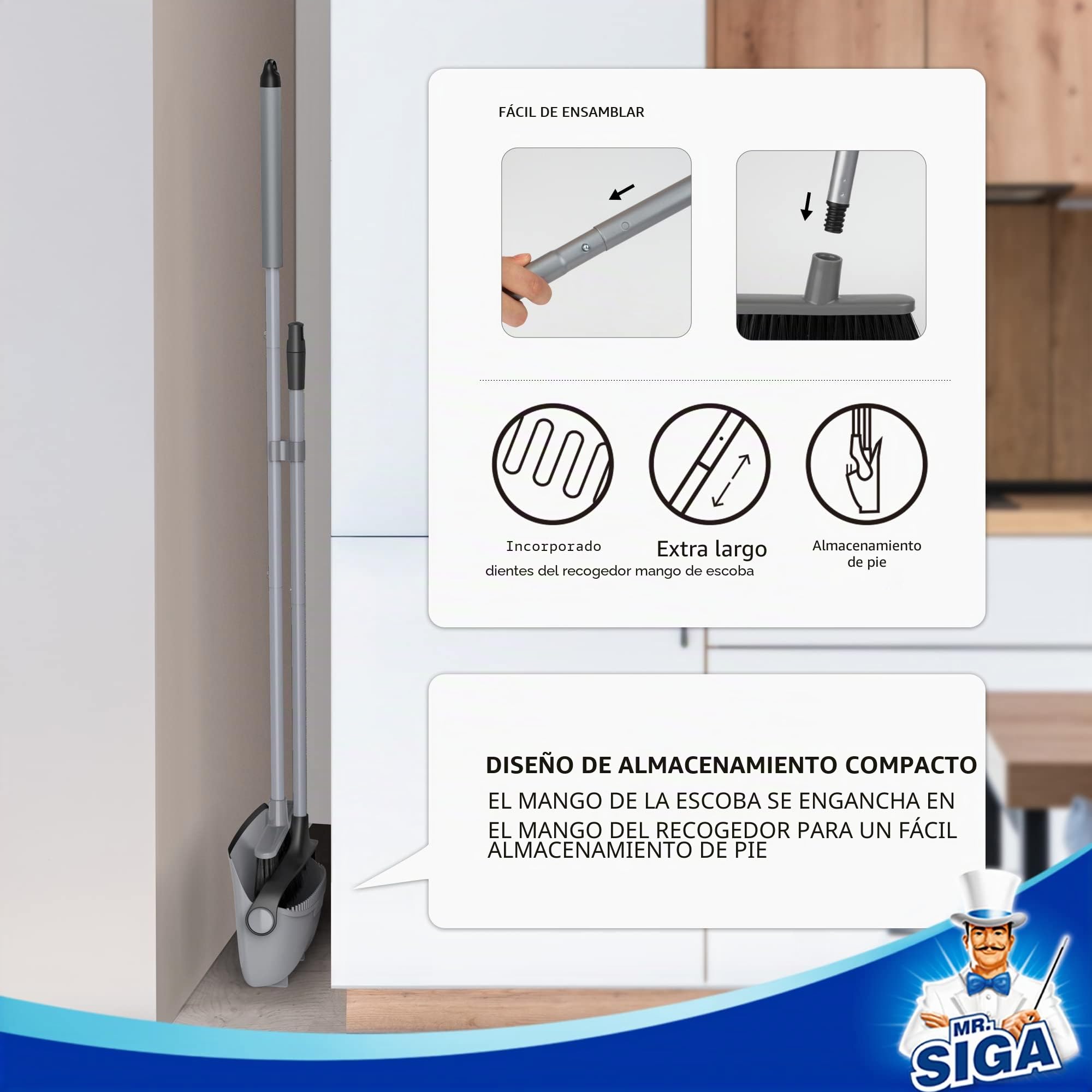 MR.SIGA Juego de Escoba y recogedor de Mango Largo, Combo de barredora Vertical y recogedor para Limpieza de Pisos, Gris