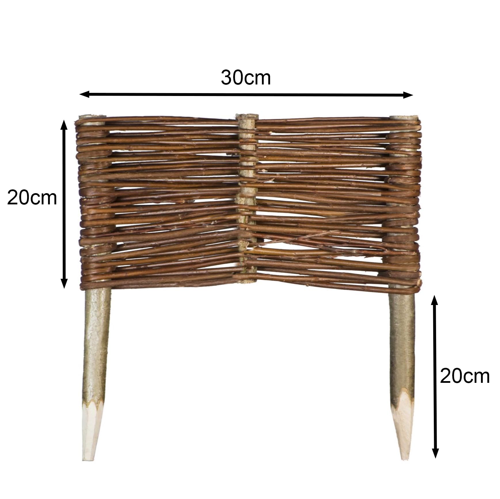10 x Bordura da Giardino in Vimini - 20 cm x 30 cm – Steccato Decorativo, Bordo per Aiuole, Prato e Orto, Recinzione con Pioli in Faggio per Fiori, Verdure e Sentieri