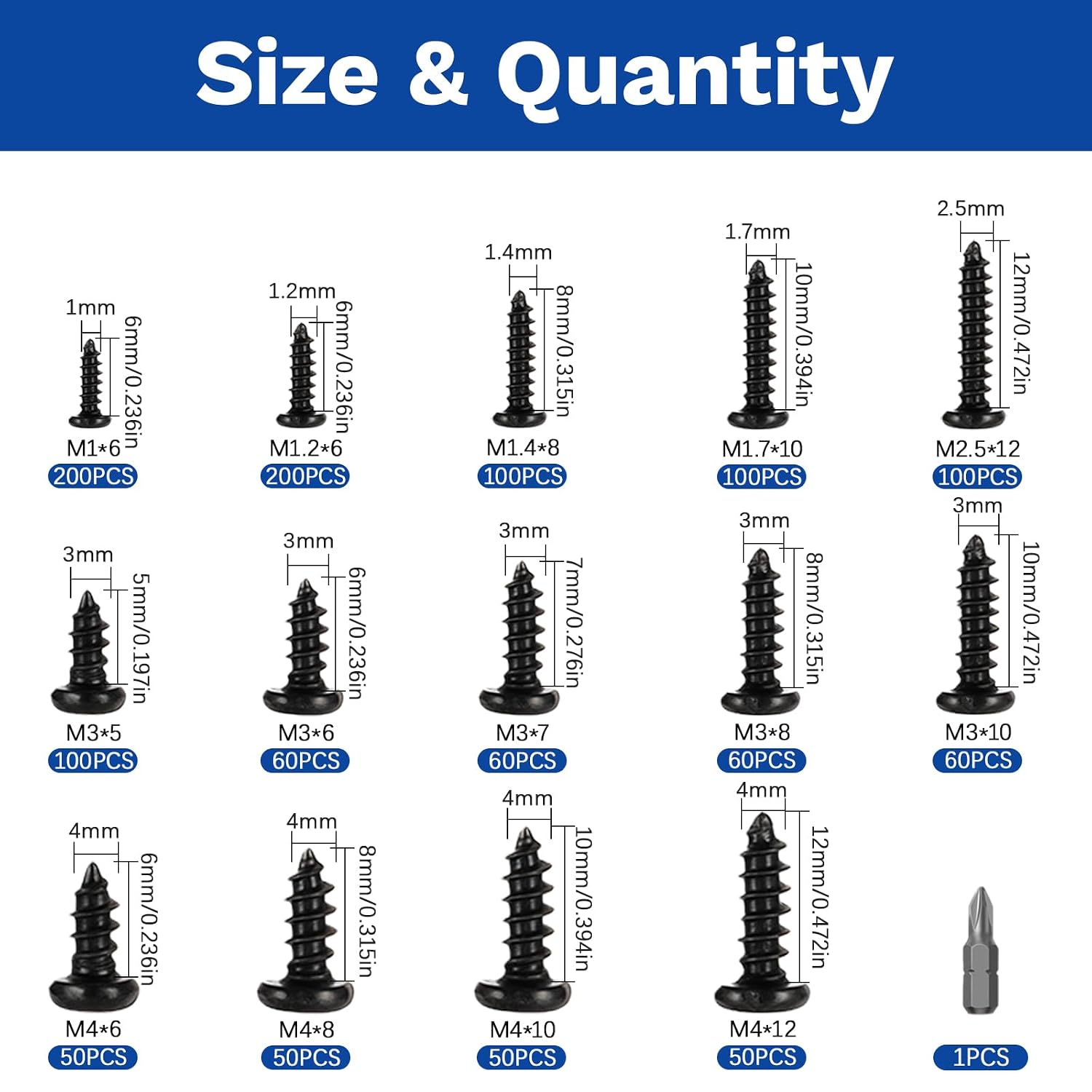 1240Pcs Self-Tapping Screws Assortment Kit - Phillips Pan Head Wood Screws, M1-M4 Black Carbon Steel Metric Screw Set, 14 Sizes for Wood Plastic Metal, DIY Furniture Cabinet Electronics