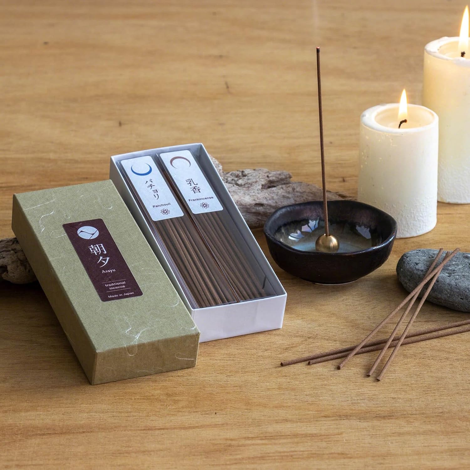 Asayu Japan Traditional Incense Sticks - Reflection Set (Frankincense + Patchouli), 40gr (Each Scent 20g), for Yoga, Zen Meditation and Relaxation - Traditional Smoke Type