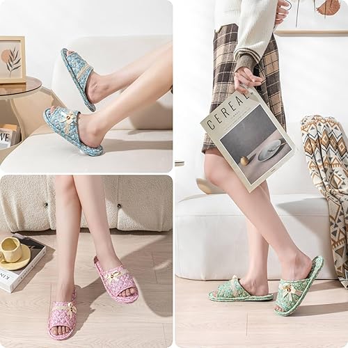 Miniatura 4 de 3 pares de pantuflas de algodón floral para mujer, con puntera abierta, cómodas, lavables, portátiles, plegables, para invitados, viajes, hotel,