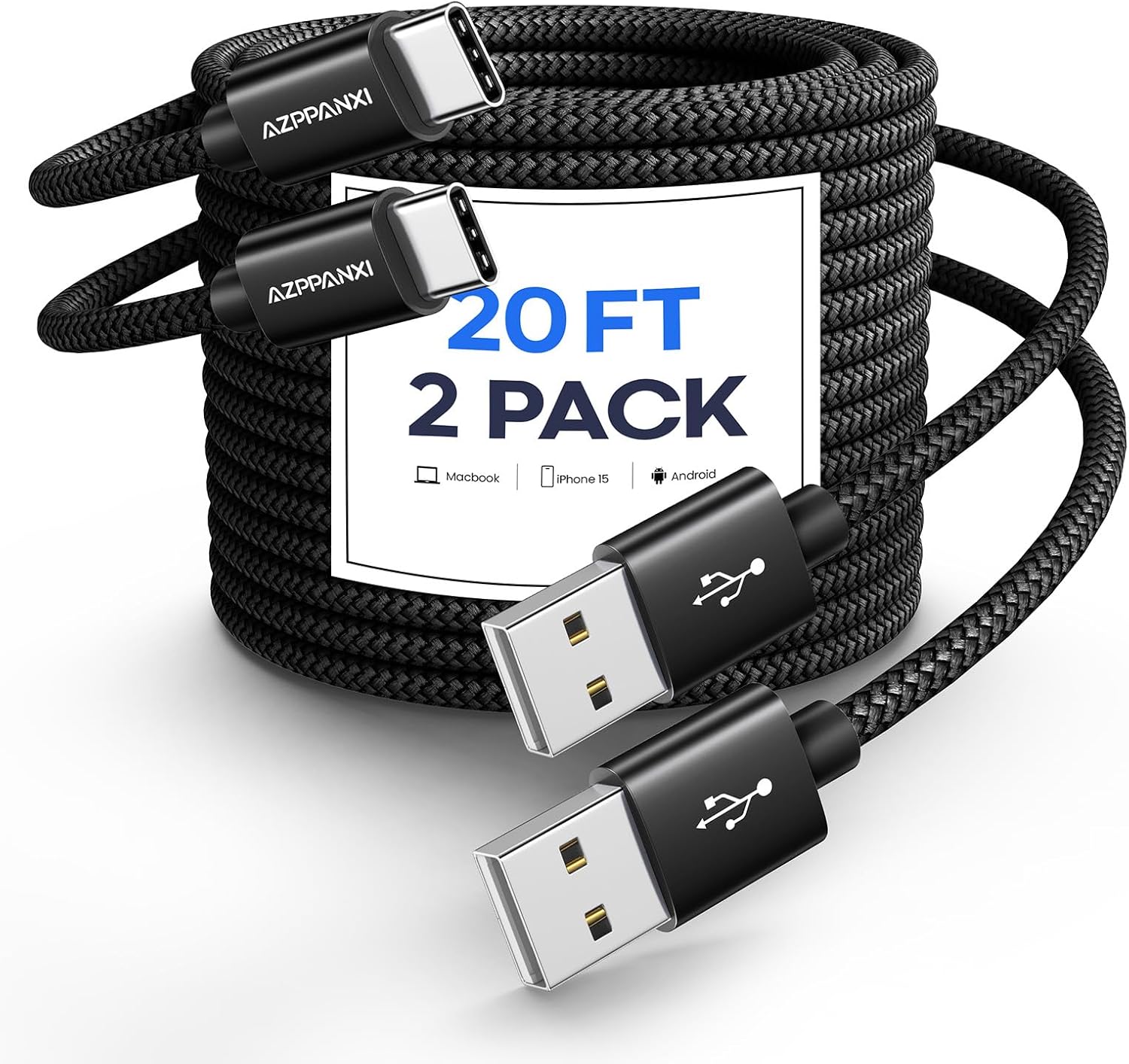 Long USB C Cable [𝟮-𝐏𝐚𝐜𝐤] 20Ft USB C Cable |Durable Double Braided Nylon| USB A to USB C Cable Fast Charging Cord Compatible with iPhone 15 Pro Max Samsung Galaxy Moto LG & More USB-C Devices