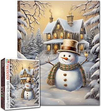 Tucocoo 1000 Pieces Jigsaw Puzzles for Adults Winter Scene Snowman Puzzle Cottages in Village Christmas Art Puzzles for Challenging Family Activity Game DIY Puzzle Wall Decor Gifts