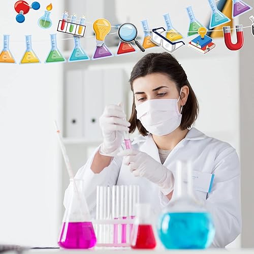 Miniatura 3 de Wettarn 5 piezas de decoración de fiesta de ciencia, pancarta de ciencia para fiesta de cumpleaños, guirnalda de bola de fieltro, colorido pompones,