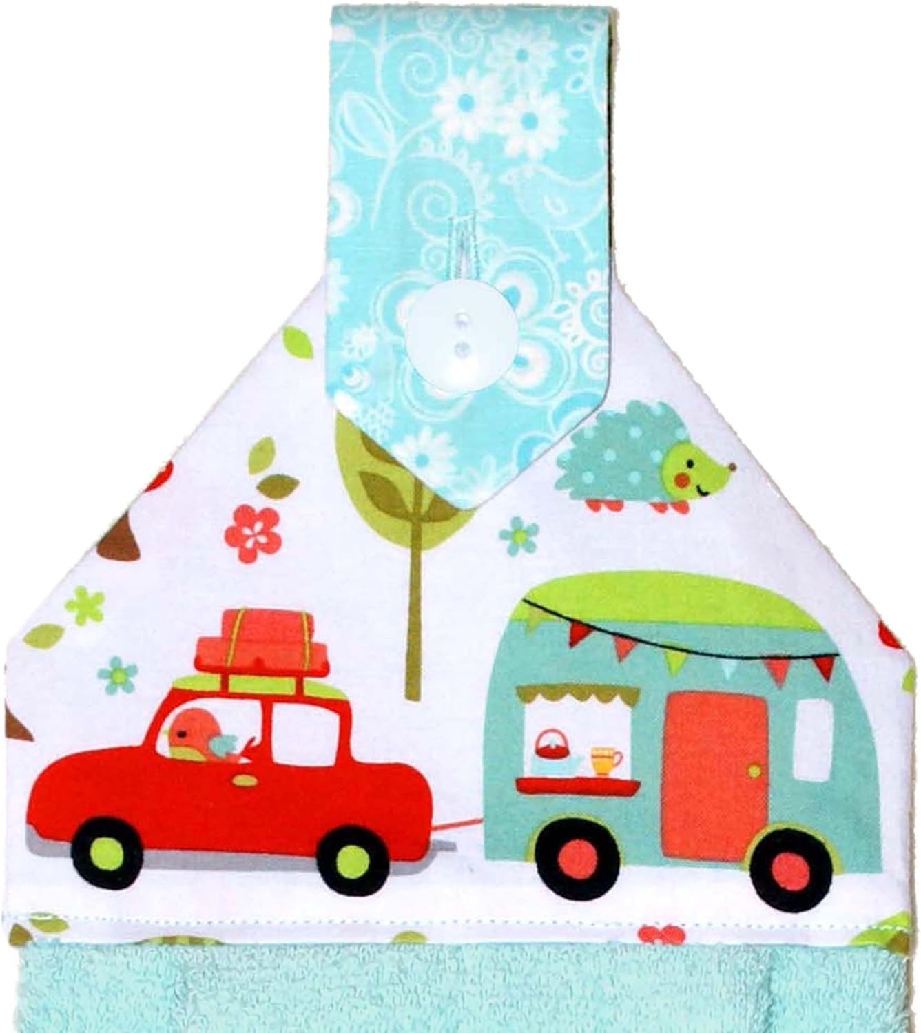 Hanging Hand Towel - Plush Turquoise Towel in Vibrant Retro RV Print - RV Camping Decor