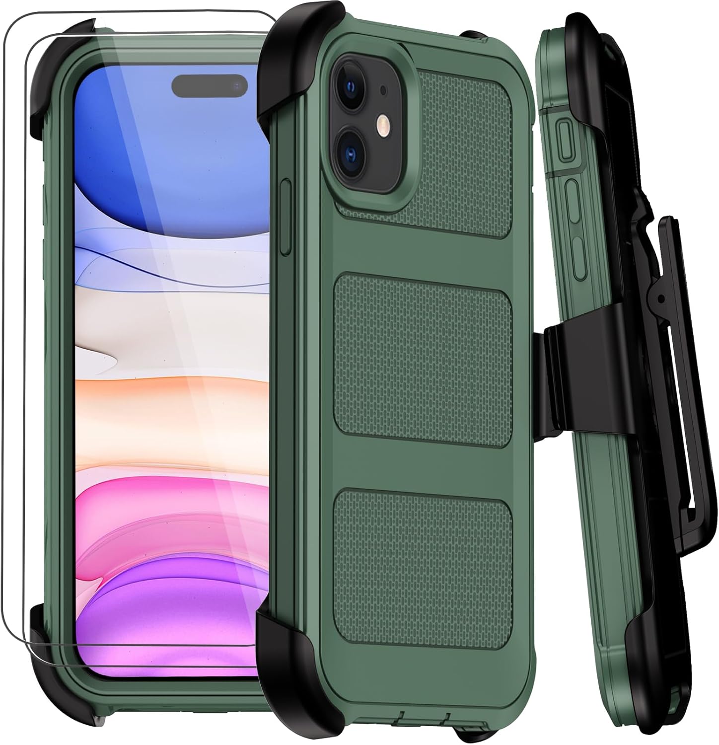 for iPhone 11 Case with Belt Clip Holster,Anti-Drop Shockproof Bumper Phone Cases w/2x Screen Protectors & Kickstand,Rugged Heavy Duty Military Grade Protective Defender Cover for Apple 11 (Black)