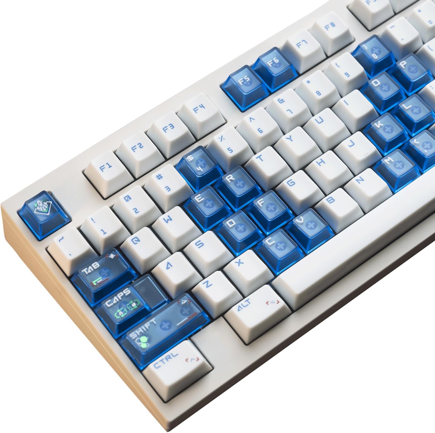 JSJT Cherry Profile Keycaps 159 Keys White Blue PC Translucent Keycap Set Suitable for Cherry MX Switches ANSI/ISO Layout Mechanical Keyboard Caps