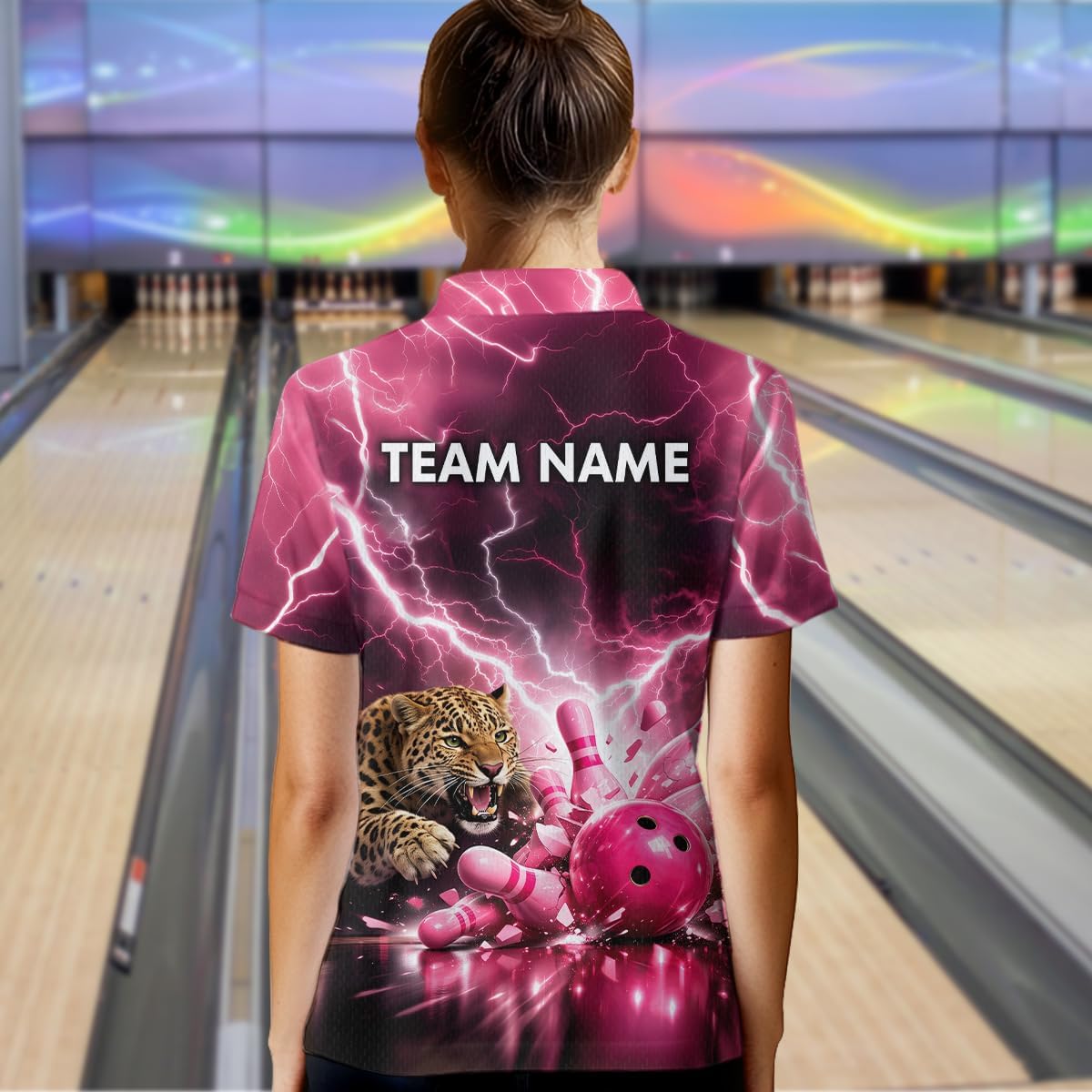 Pink Leopard Bowling Shirts for Team Pink Thunder Lightning Bowling Jersey for Men Women Bowling Polo and Zip Shirt