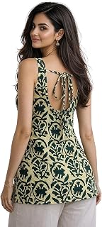 Aahwan Printed Back Deep Round Neck Sleeveless Short Tunic Top & Kurti for Women's & Girl's Price In India