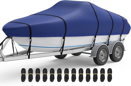 RVMasking Boat Cover, Ultra-Thick 1600D Polyester Canvas with Double PU Waterproof Coating, Fits 22-24ft Tri-Hull, V-Hull, Runabout, Fish & Ski Boat, Bass Boat, Blue
