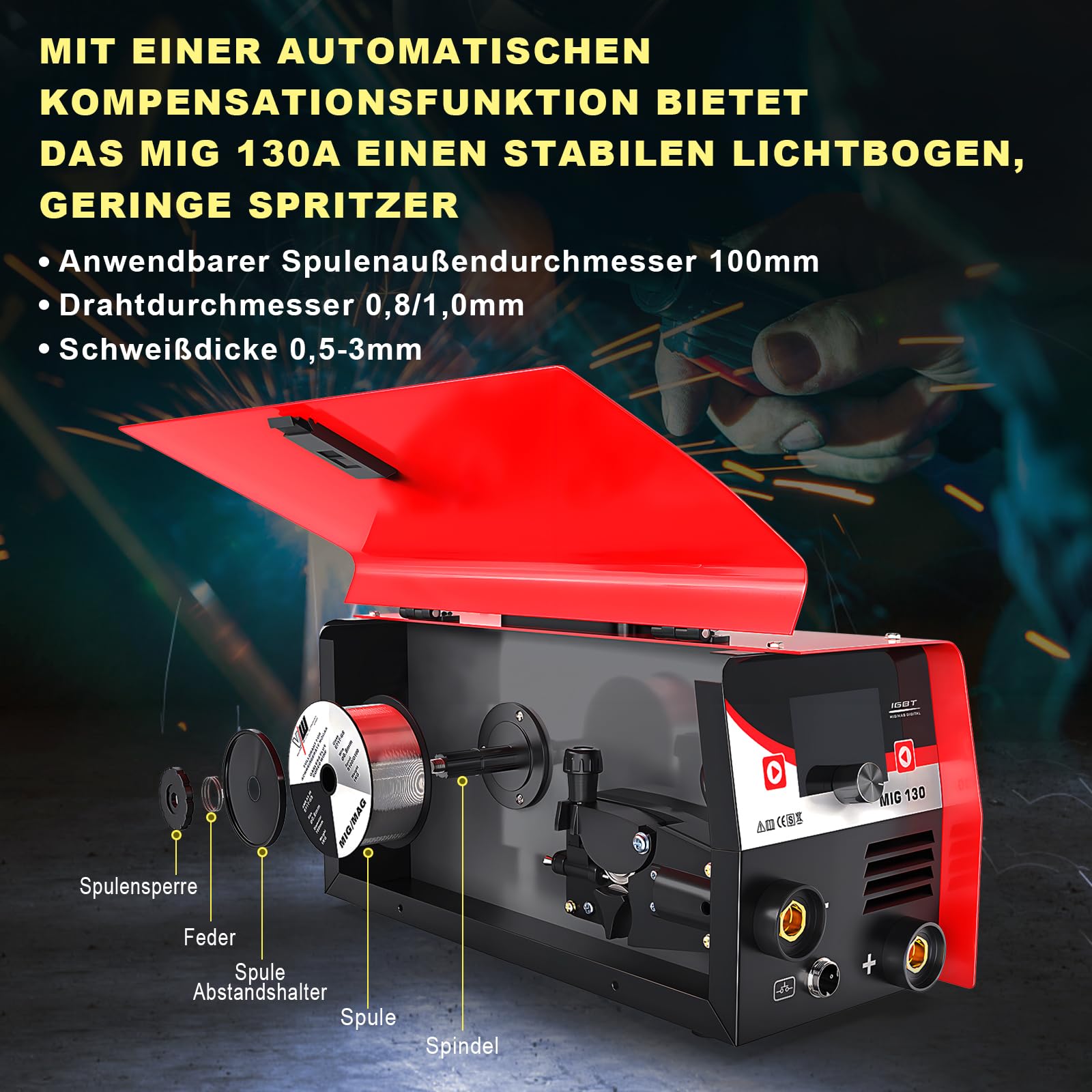 MIG Schweißgerät 130 A, Fülldraht Schweissgerät Set für Anfänger, IGBT Interver Schweißgerät mit Schweißhelm, Elektrodenschweißfunktion, VECTOR WELDING