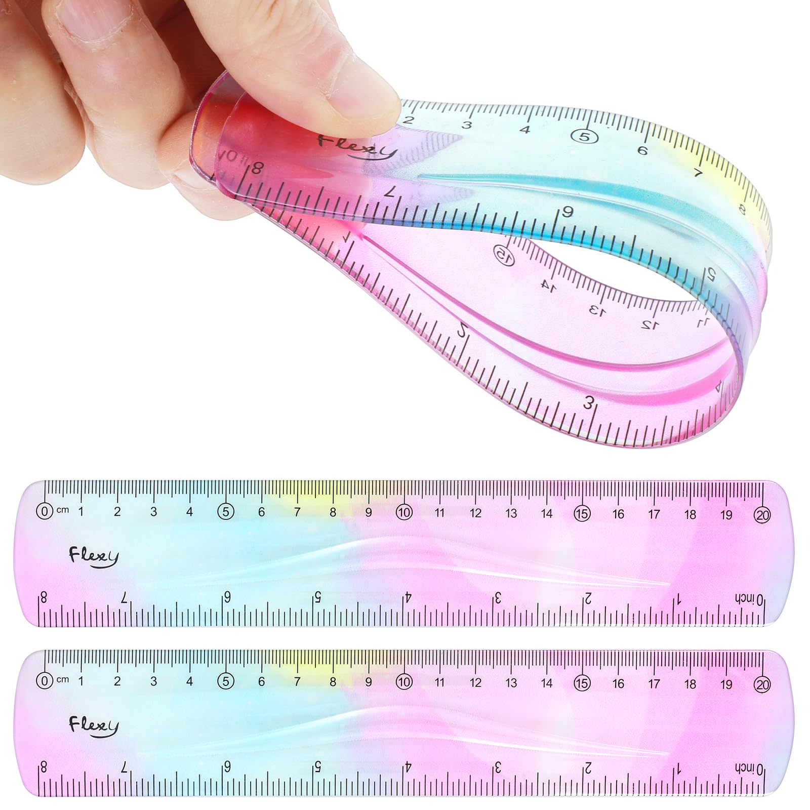 2pcs Flexible Ruler - 8 inch Bendable, Soft Plastic Shatterproof Straight Edge, Clear Gradient Colored with Centimeter for School & Office