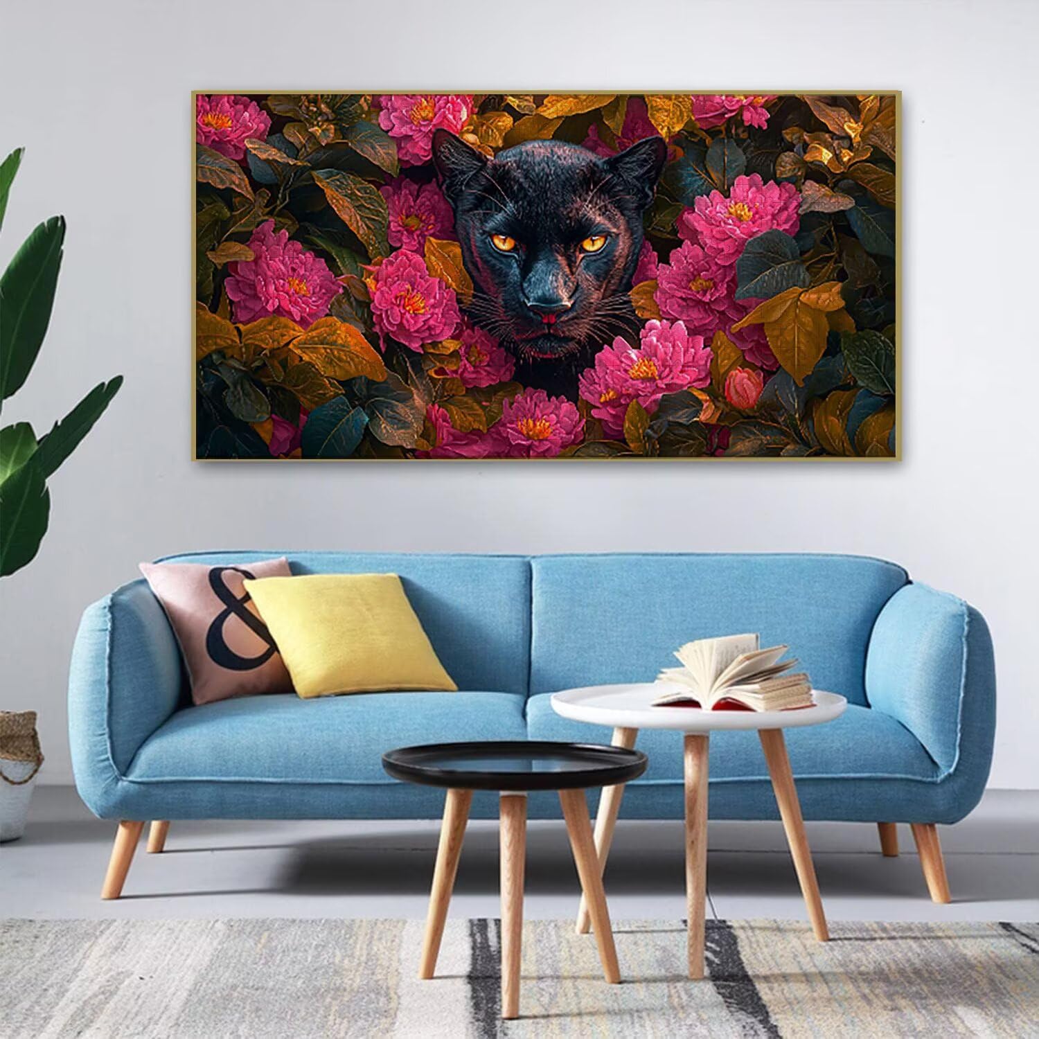 Drewniane puzzle dla dorosłych 900 sztuk - czarna pantera w kwiaty, gra logiczna dla dorosłych, grafika z nadrukiem w wysokiej rozdzielczości, kreatywne hobby prezent b-405