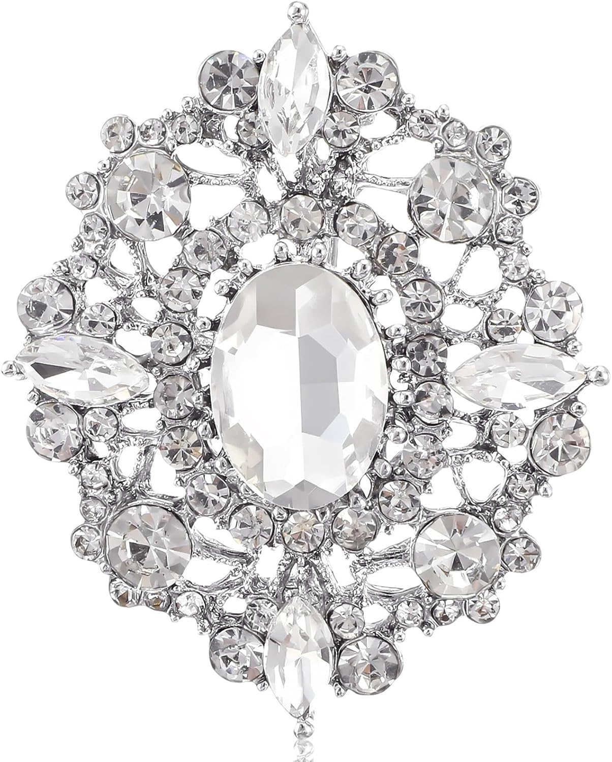 Silver Crystal Brooch for Women, Vintage Clear Diamante Brooches Pin for Clothes, Large Elegant Rhinestone Broach for Bridal Corsage Sweater Coat Scarves Dress Wedding Sparkling Stylish Pins