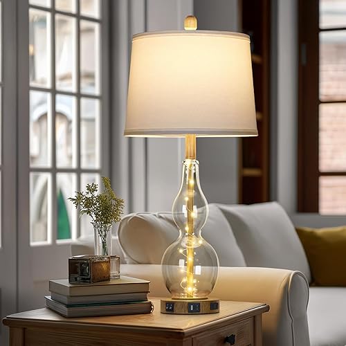 Miniatura 2 de Juego de 2 lámparas de mesa de cristal transparente de 27.5 pulgadas con luz nocturna, lámparas de noche con puertos USB y salida de CA, modernas