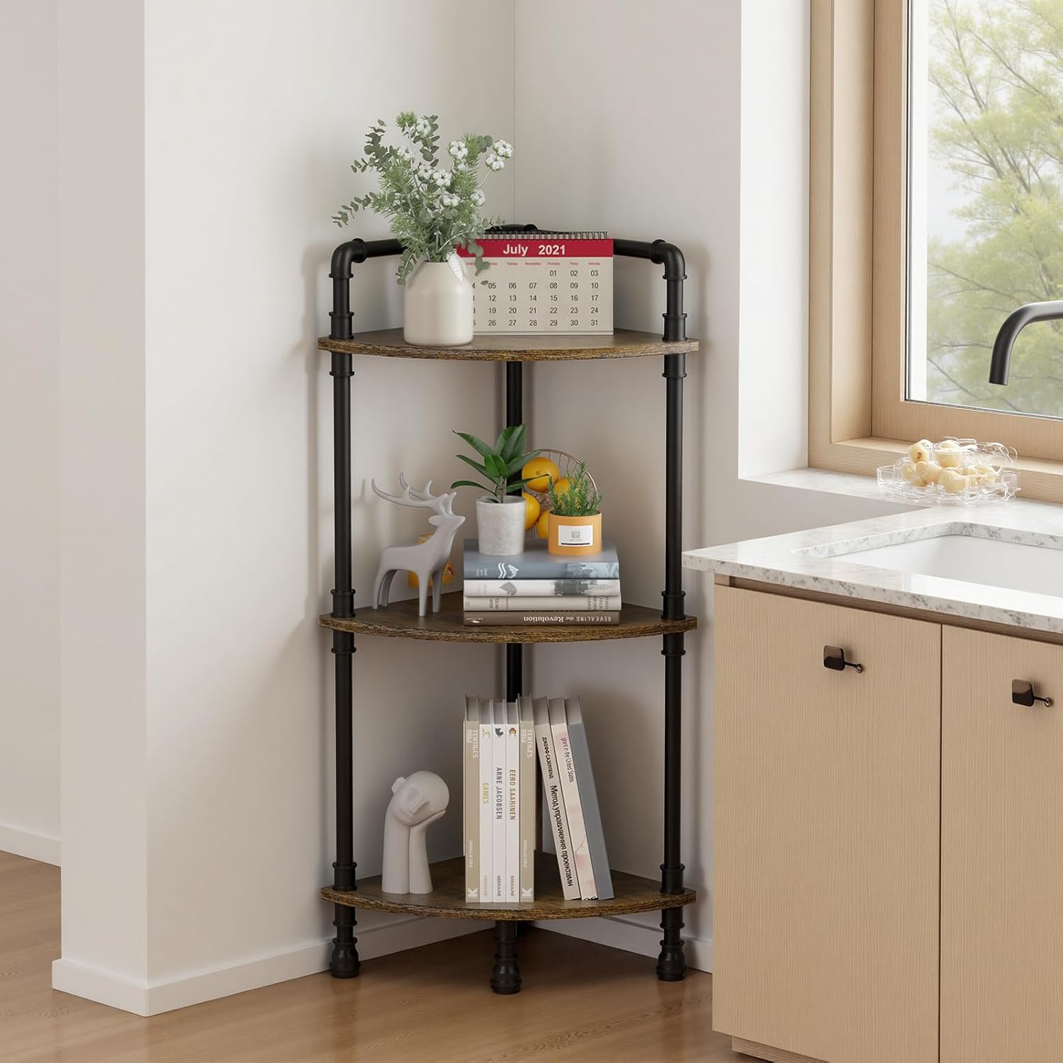 Aduanbang Fun Memories 3-Tier Corner Shelf Stand, Grey Storage Bookshelf for Bathroom, Living Room, Kitchen, Home Office (Brown(3 Tier))