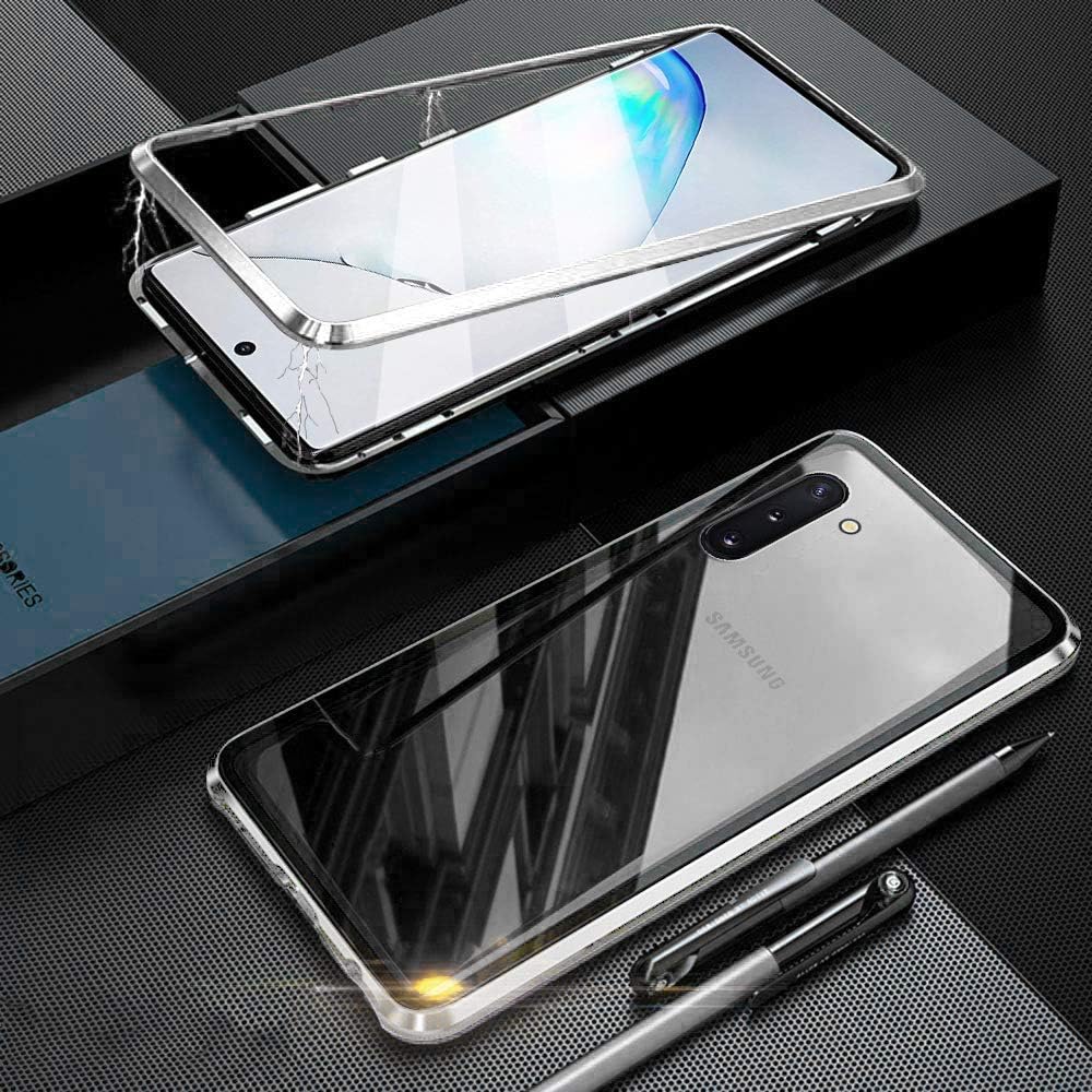 Case for Samsung Galaxy Note 10 Plus/Note 10+ Magnetic Cover,Magnetic Adsorption Technology Ultra Thin Metal Aluminum Bumber 9H Tempered Glass Back Cover 360° Shockproof Full Body Protector - Silver