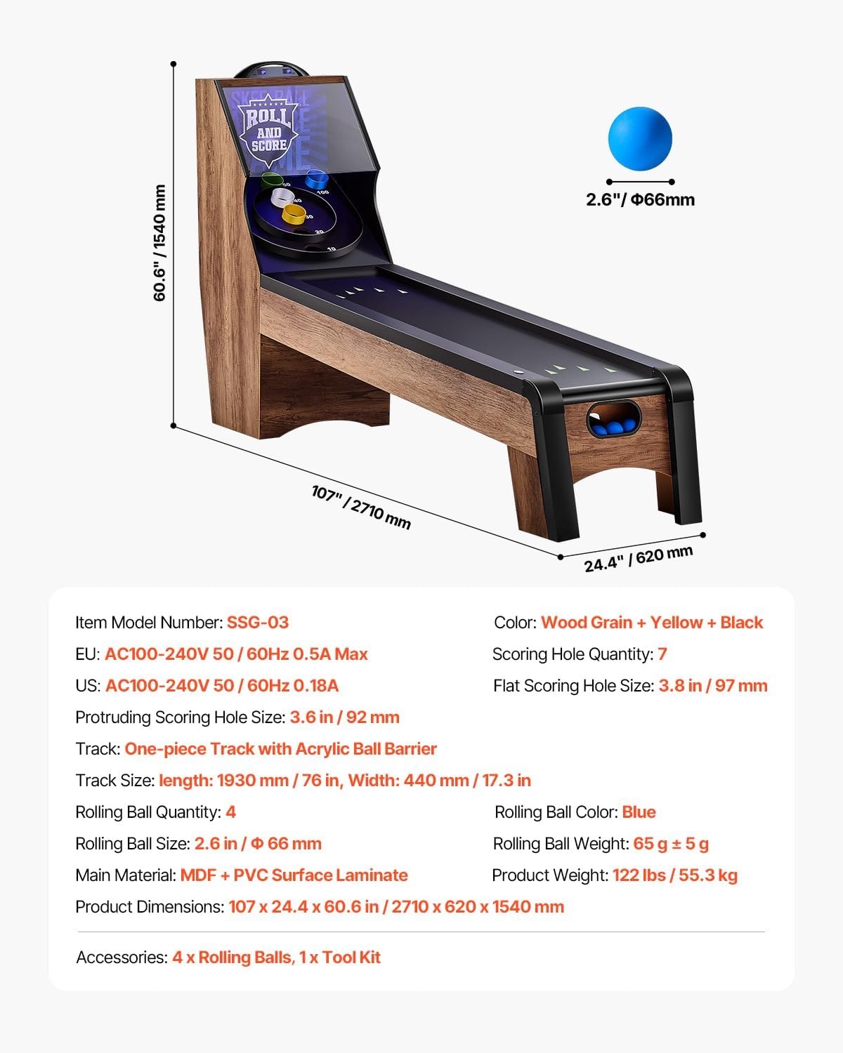 VEVOR Roll and Score Classic Arcade GameTable, Sky Ball Table Machine, LED ElectronicScorer & Track Lighting, Sound, Automatic BallReturn, Home Recreation Game Room