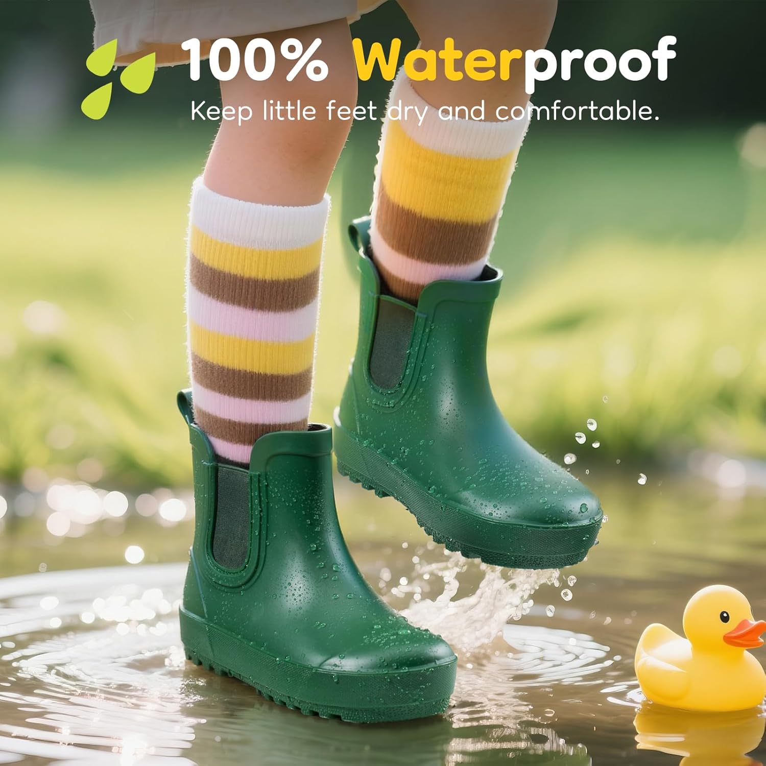 HISEA Kids Waterproof Ankle Deck Boots, Non-Slip Rubber Chelsea Slip-On with Round Toe for Boys & Girls, Lightweight Toddler to Big Kid Rainboots for Farm, Park, Hiking & Outdoor Play