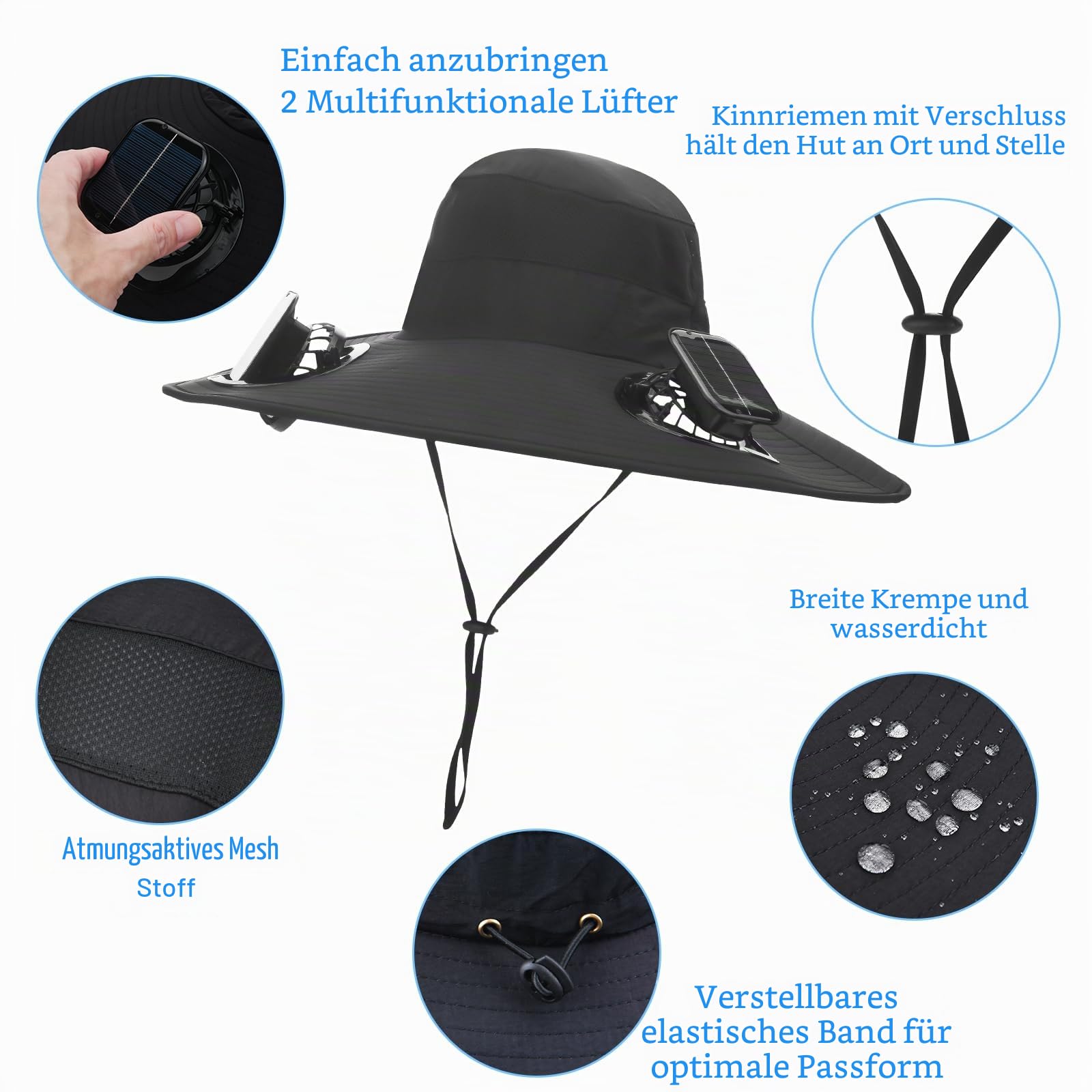 Hut mit Ventilatoren, solarbetrieben, breite Krempe, Sonnenhut mit 2 Ventilatoren, zwei Stromversorgungsmodi, Outdoor-Solarbetrieben und USB-Aufladung, Fischerhut für Männer und Frauen, solarbetrieben
