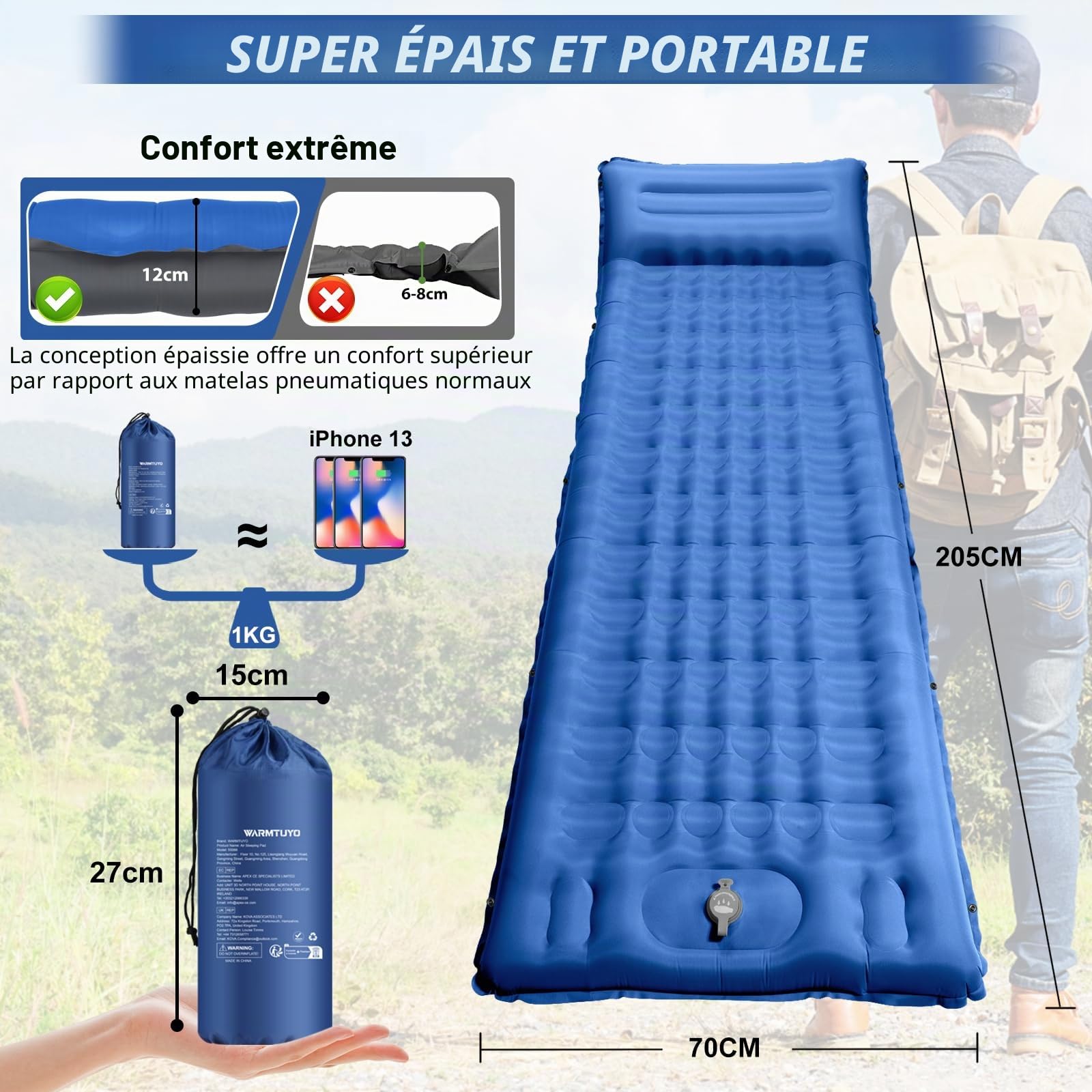 Matelas de Camping, 12CM D'épaisseur Tapis de Couchage avec Oreiller et Pompe à Pied, Couchage D' air Ultraléger, Ripstop, Anti-Fuite, Étanche, Matelas Gonflable pour Camping, Voyage, Randonnée