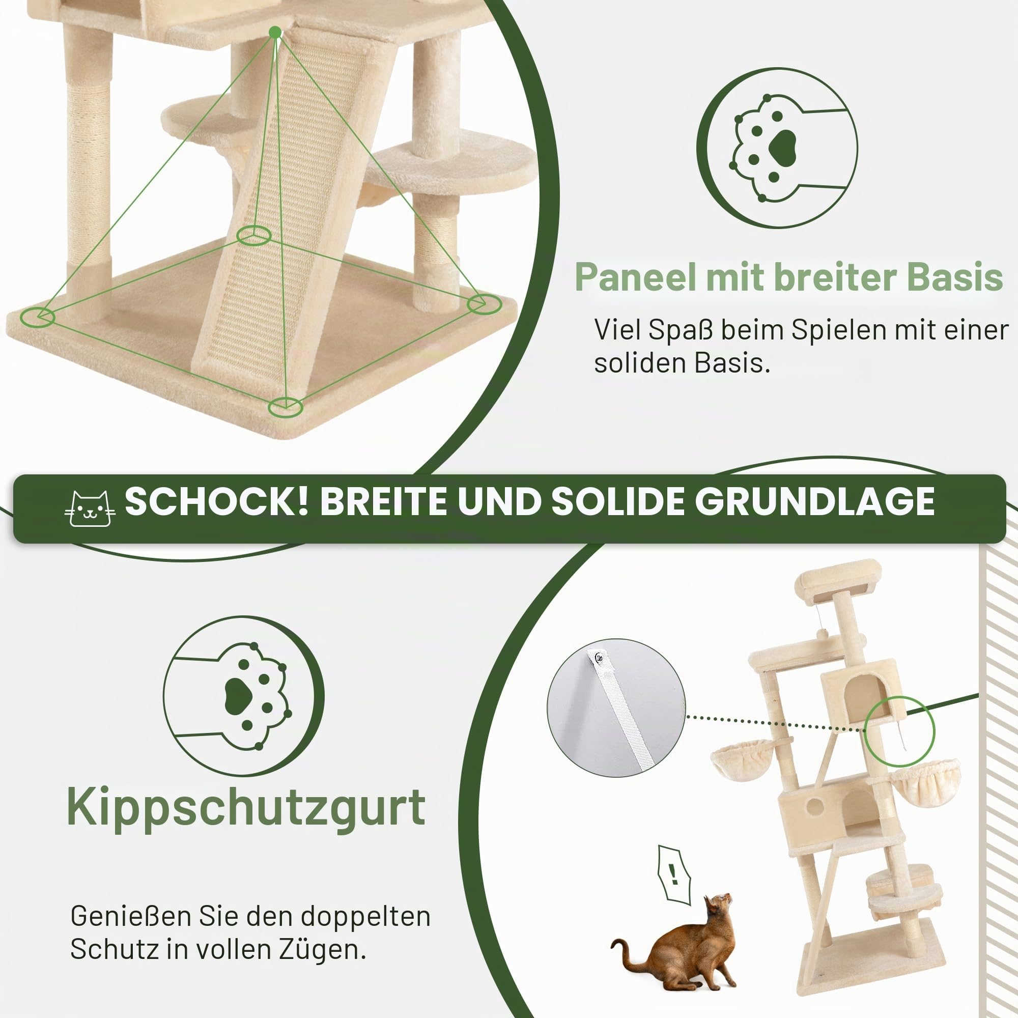 MUTICOR Großer Kratzbaum mit Mehreren Ebenen, für große Katzen, gemütliche Plüsch-Sitzstangen, Sisal-Kratzbäume, Hängematte und Körbe, Spielhaus, breite Basis, Beige, 168 cm
