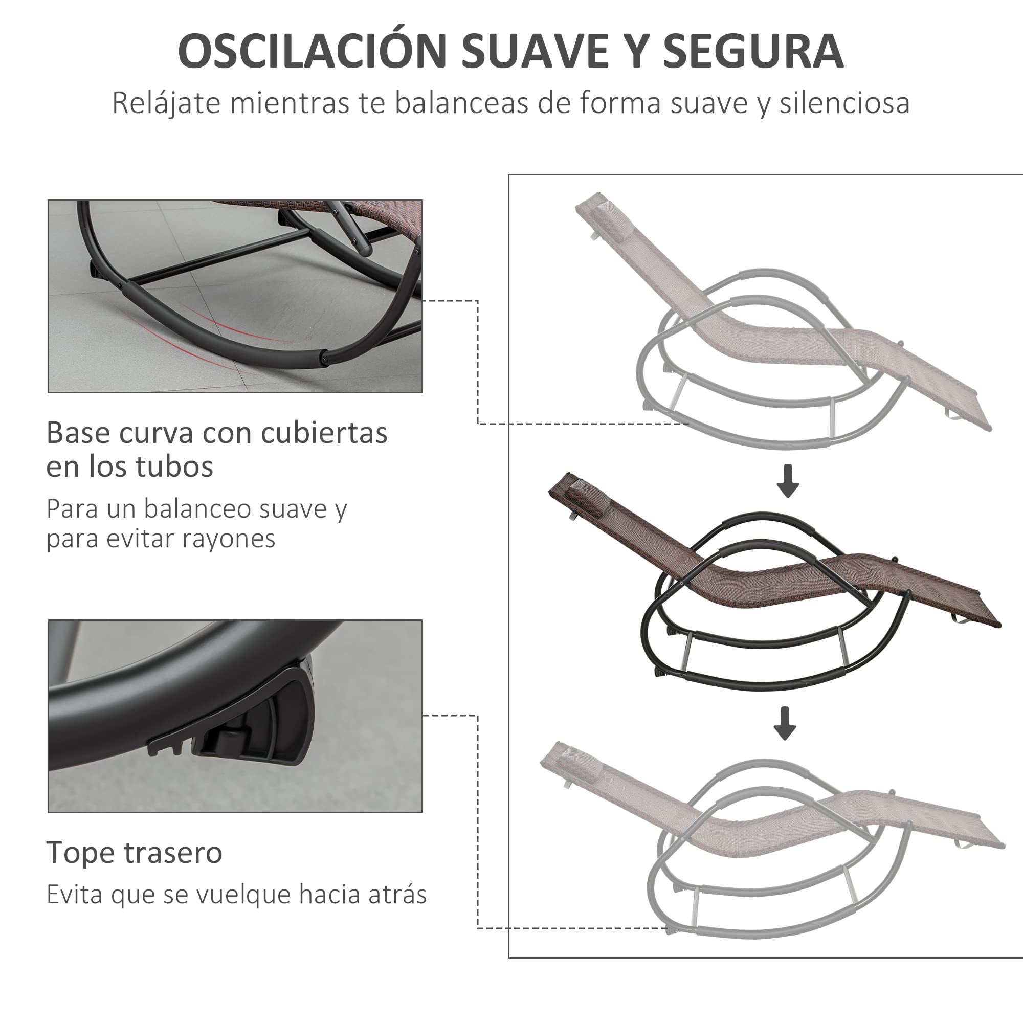Outsunny Tumbona Mecedora de Exterior con Reposabrazos Reposacabezas y Efecto de Ratán para Jardín Terraza Patio Carga Máx. 160 kg 157x60x80 cm Marrón