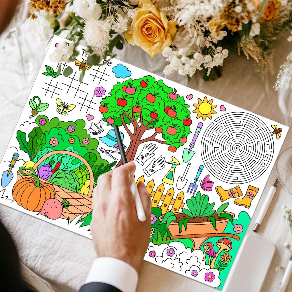 WEBEEDY 30 Sheets Coloring Placemats Planting Themed Coloring Activity Place Mats for Table Decor,Color Your Own Summer DIY Paper Placemats for Restaurant Home Kitchen Fun Drawing Supplies,15.7x11inch