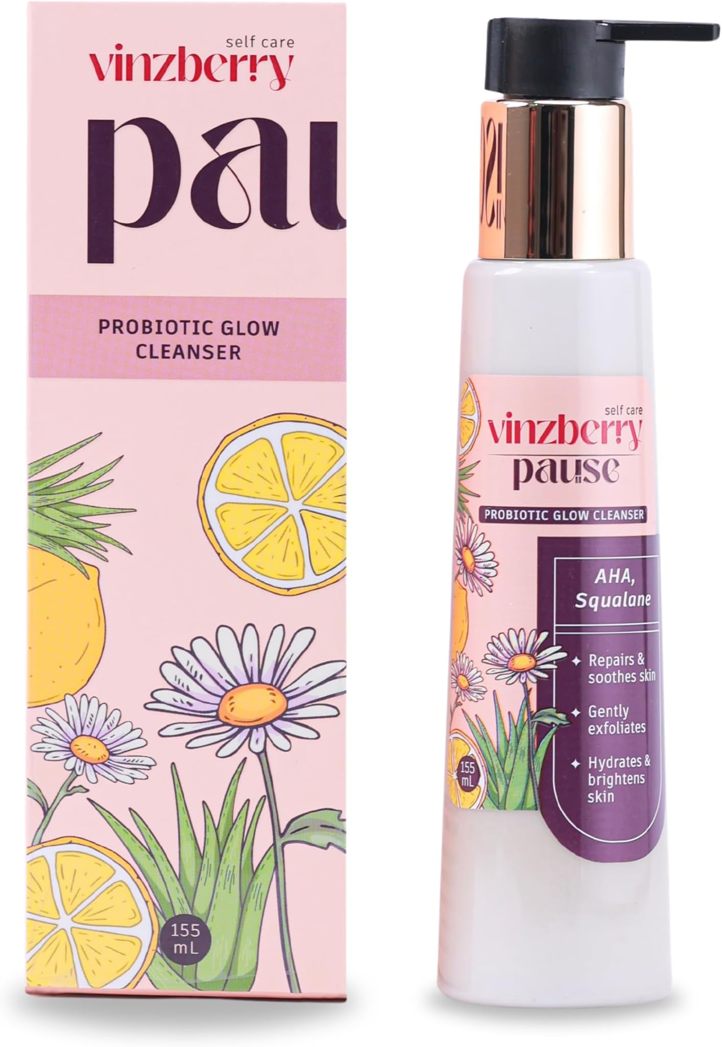 VINZBERRY Probiotic Glow Cleanser | AHA, Squalane, Hyaluronic Acid & Probiotics | Provides Deep Hydration, Skin Brightening & Gentle Exfoliation | Anti Aging Daily Refreshing Face Wash for Men & Women | Pack of 1 (155 ml)