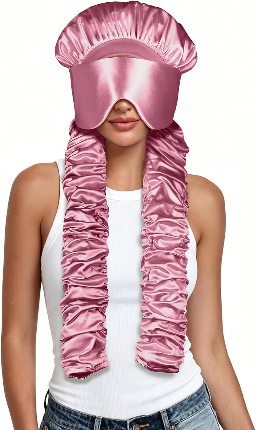 Satin Bonnet for Sleeping with Eye Mask，No Slip Sleep Bonnet with Long Curling Ribbons for Braids & Long Hair