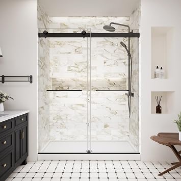 Royal Guard 4448" W x 74" H Frameless Sliding Shower Door | 8mm ANSI/SGCC Dual-Certified Glass | Explosion-Proof Film | Soft-Close Anti-Collision | Matte Black