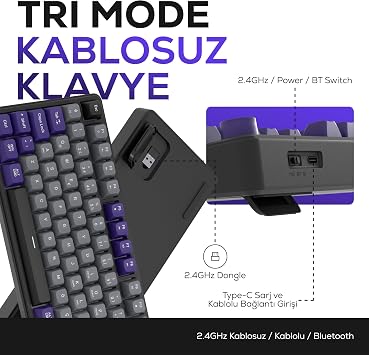 Hawk Gaming HK258 Membrane LCD RGB Kablosuz/Bluetooth Siyah Turuncu Full Türkçe Gaming Klavye (Gri Mor)