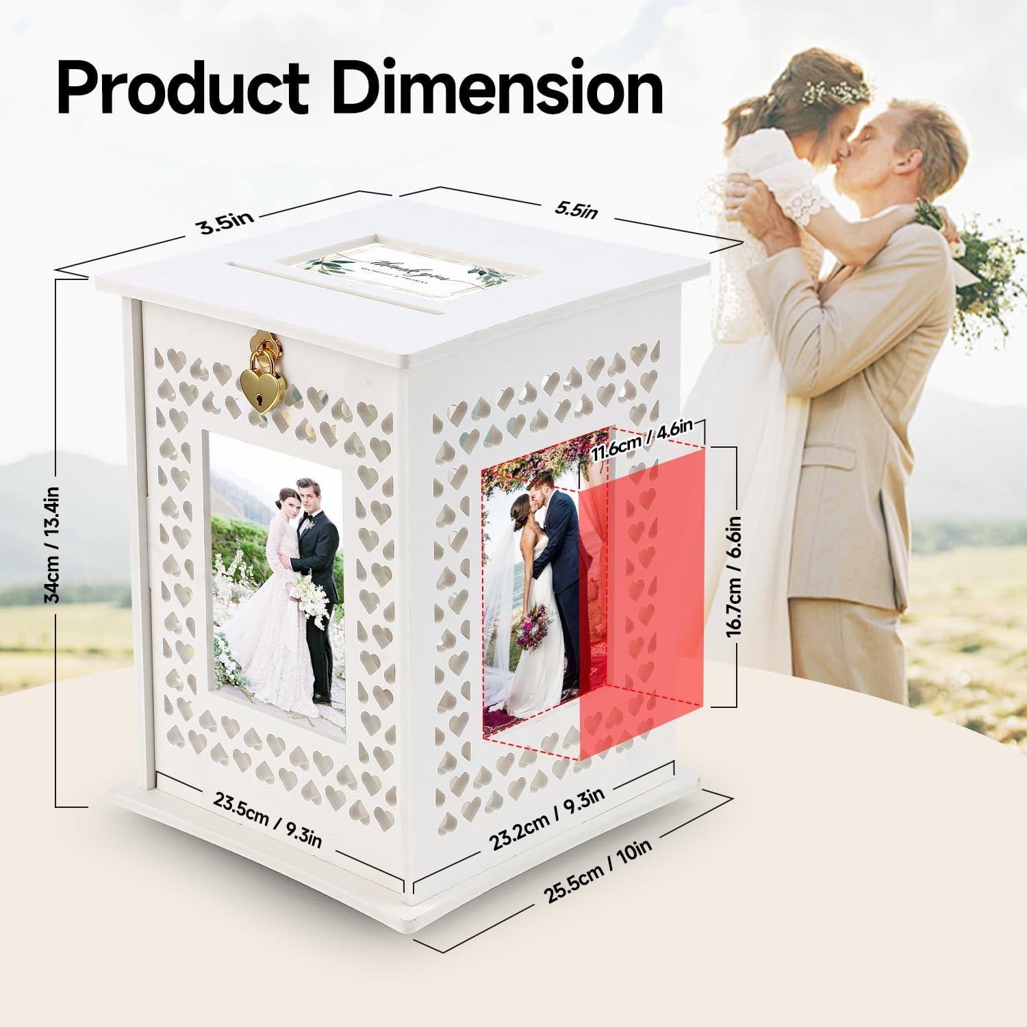 EARTHSON Wedding Card Box with Picture Frame Rotatable Gift Card Box for Wedding Reception, 5”*7” Photo Large Money Envelope Box Holder with Lock for Graduation Party Birthday Baby Shower