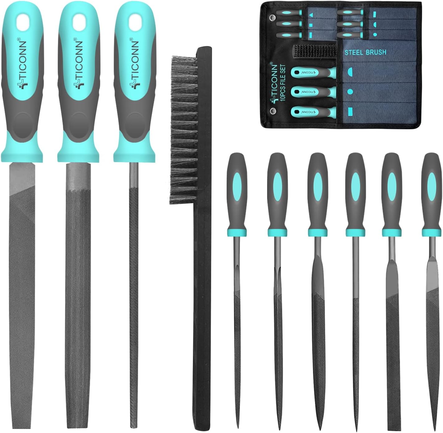 TICONN 10pcs File Set, Premium Grade T12 Drop Forged Alloy Steel File Sets with Carrying Case, Ergonomic Handle and Steel Brush